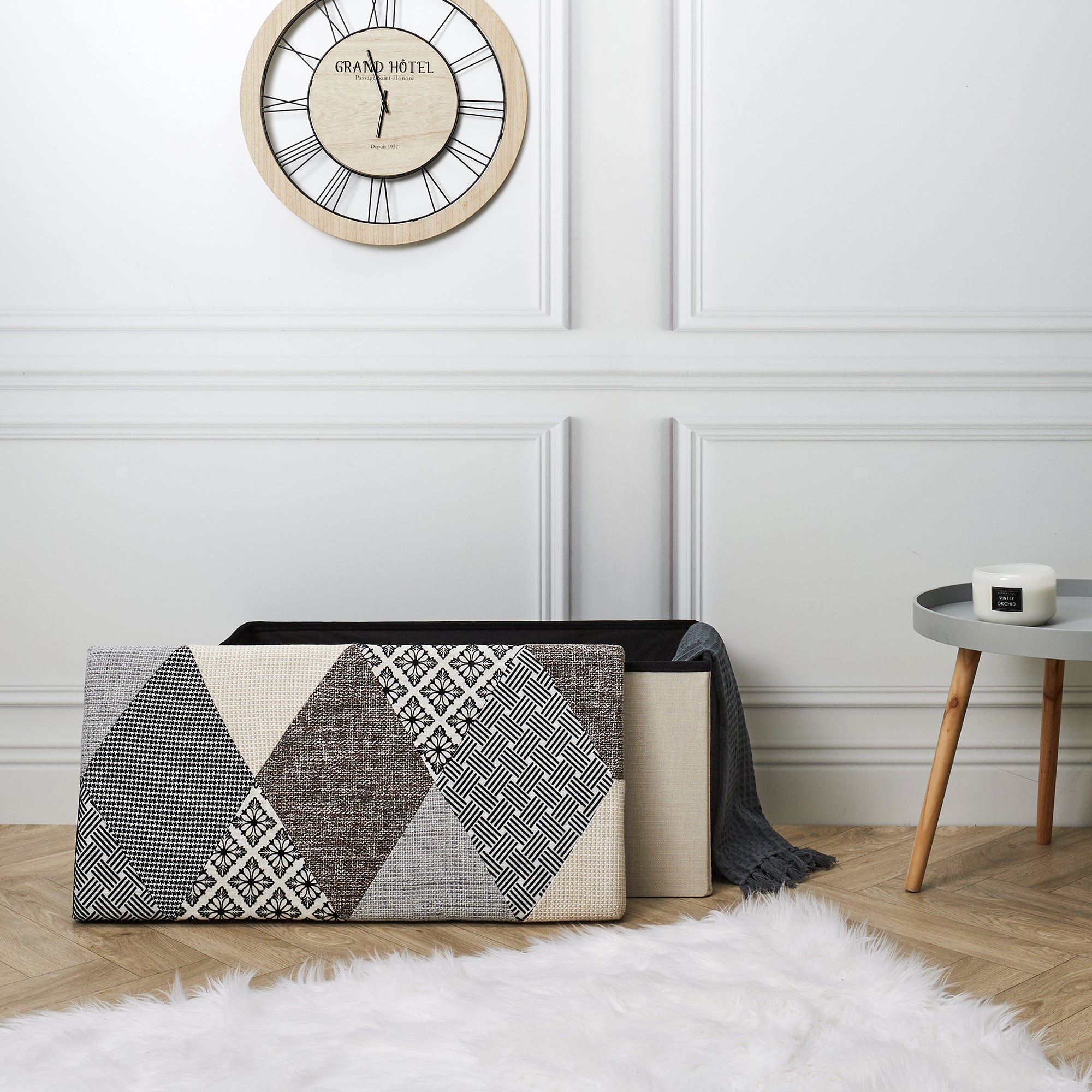 COFFRE BANC PLIABLE PATCHWORK GRIS