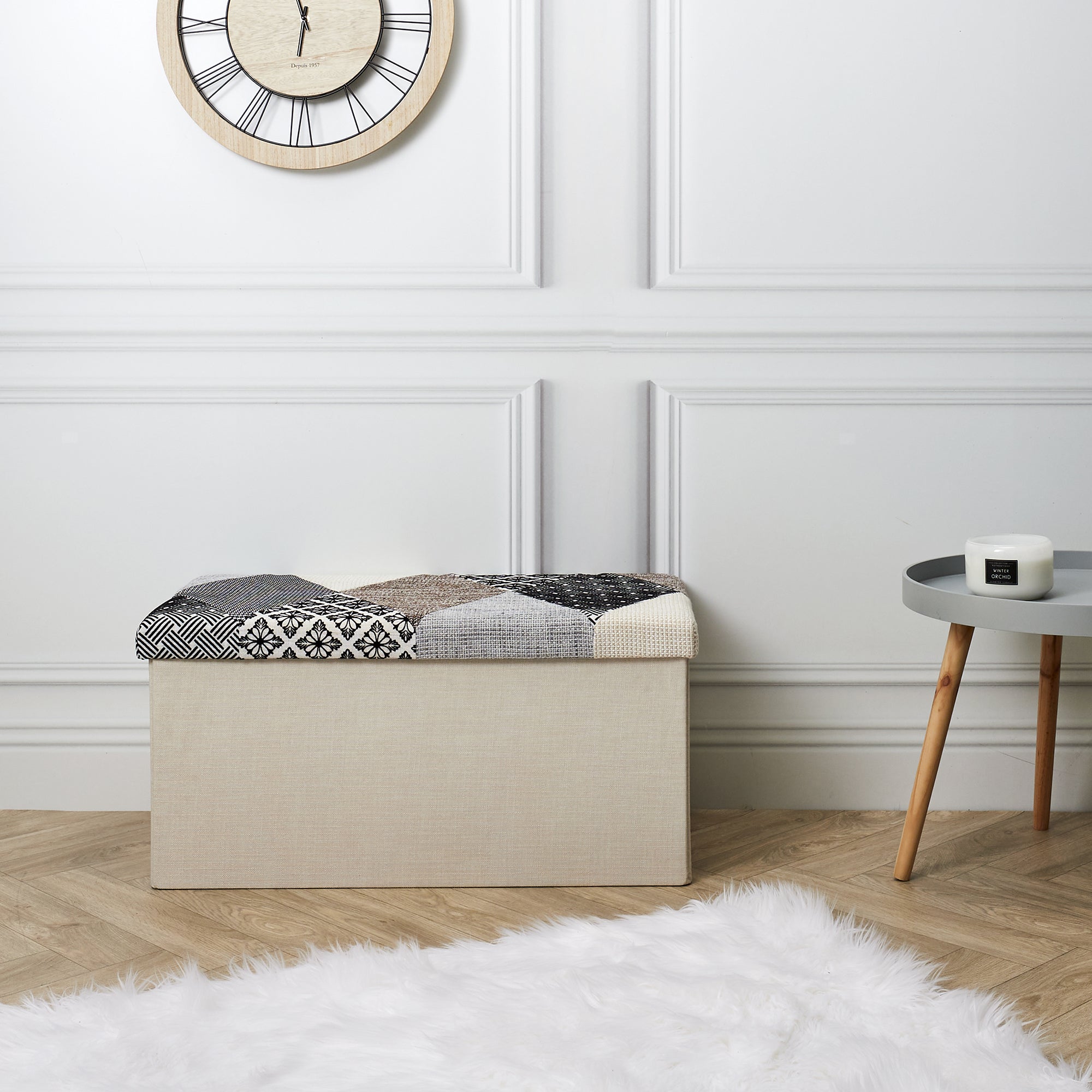 COFFRE BANC PLIABLE PATCHWORK GRIS
