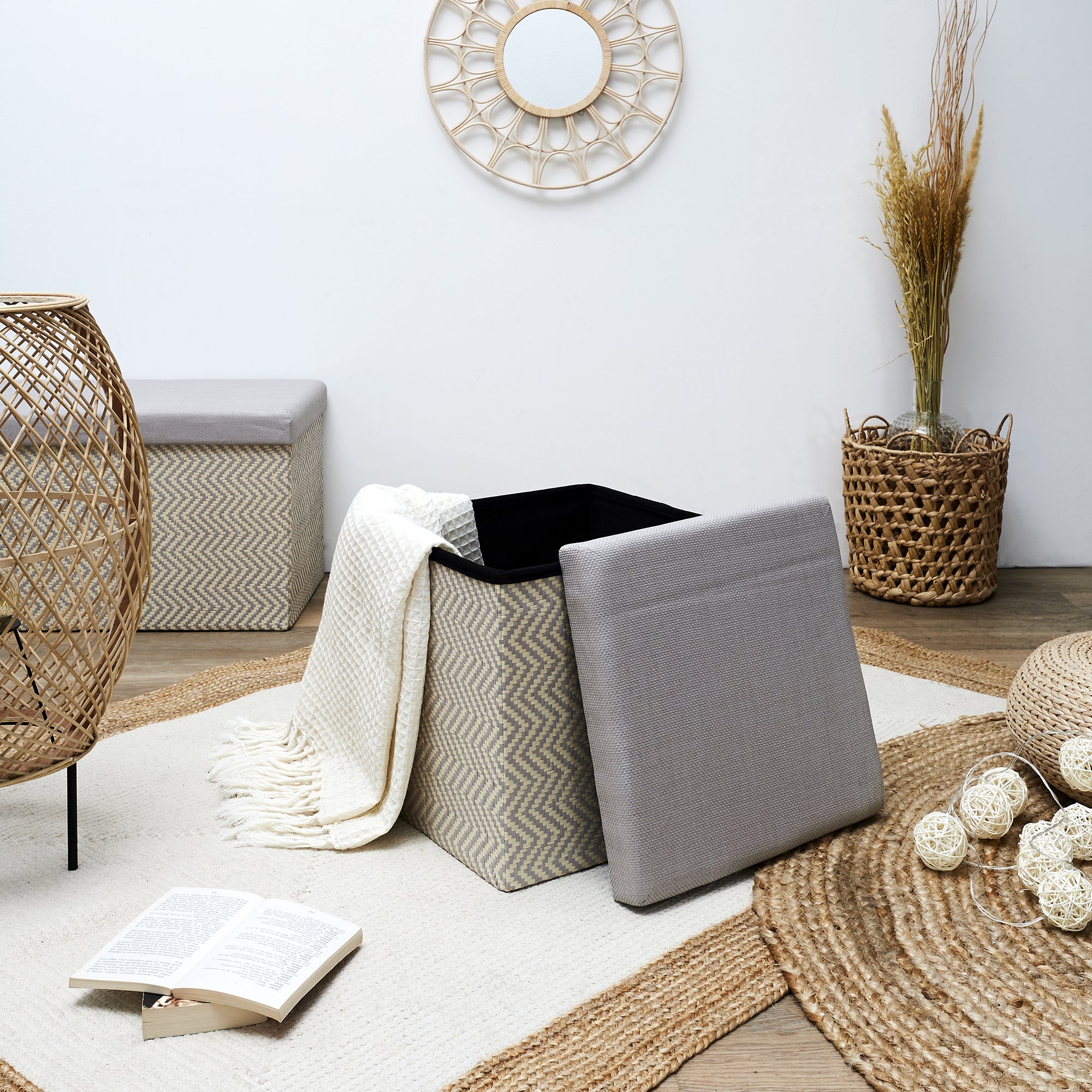 COFFRE POUF PLIABLE TRESSE GRIS