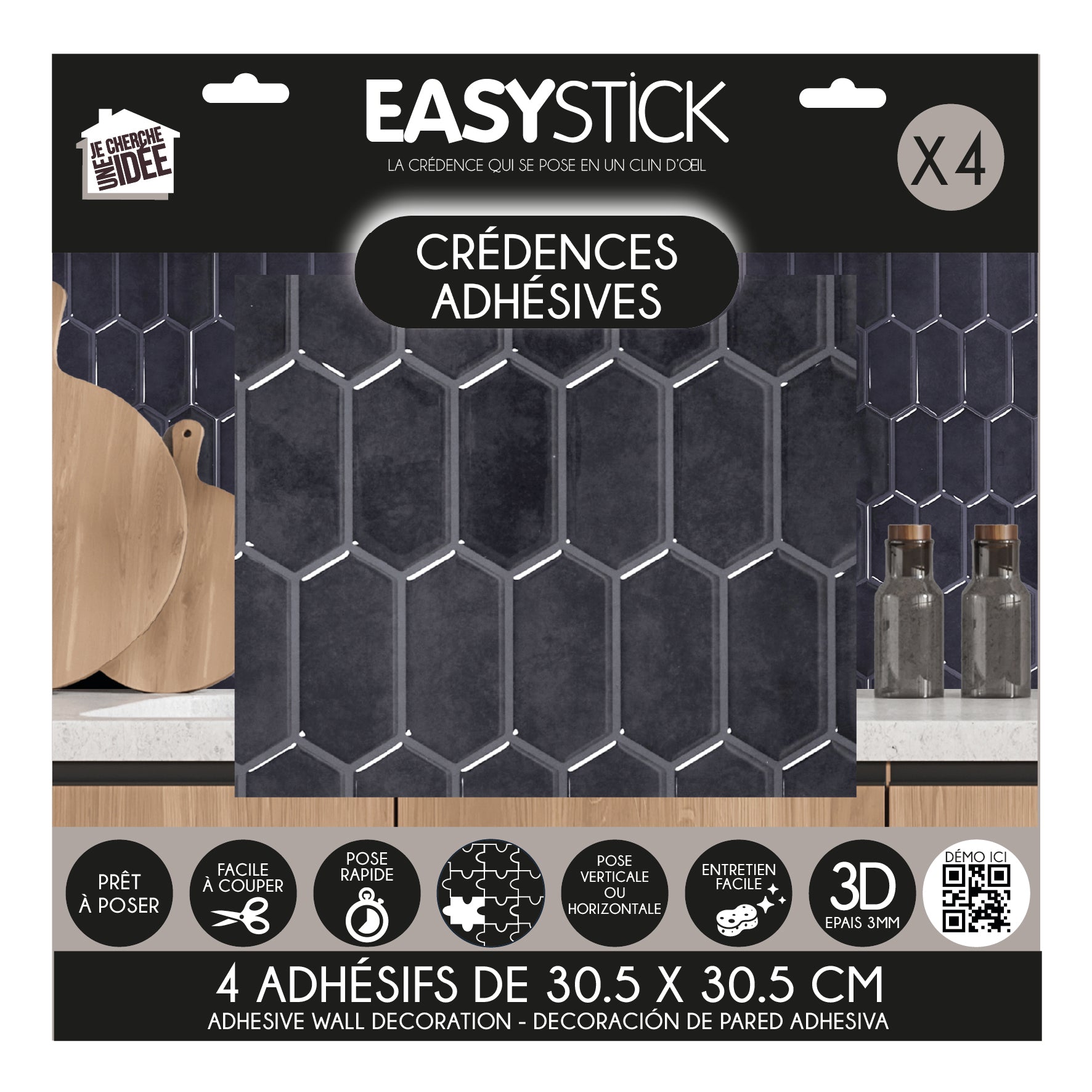 CREDENCE ADHESIVE SOUPLE HEXAGONE NOIR X4