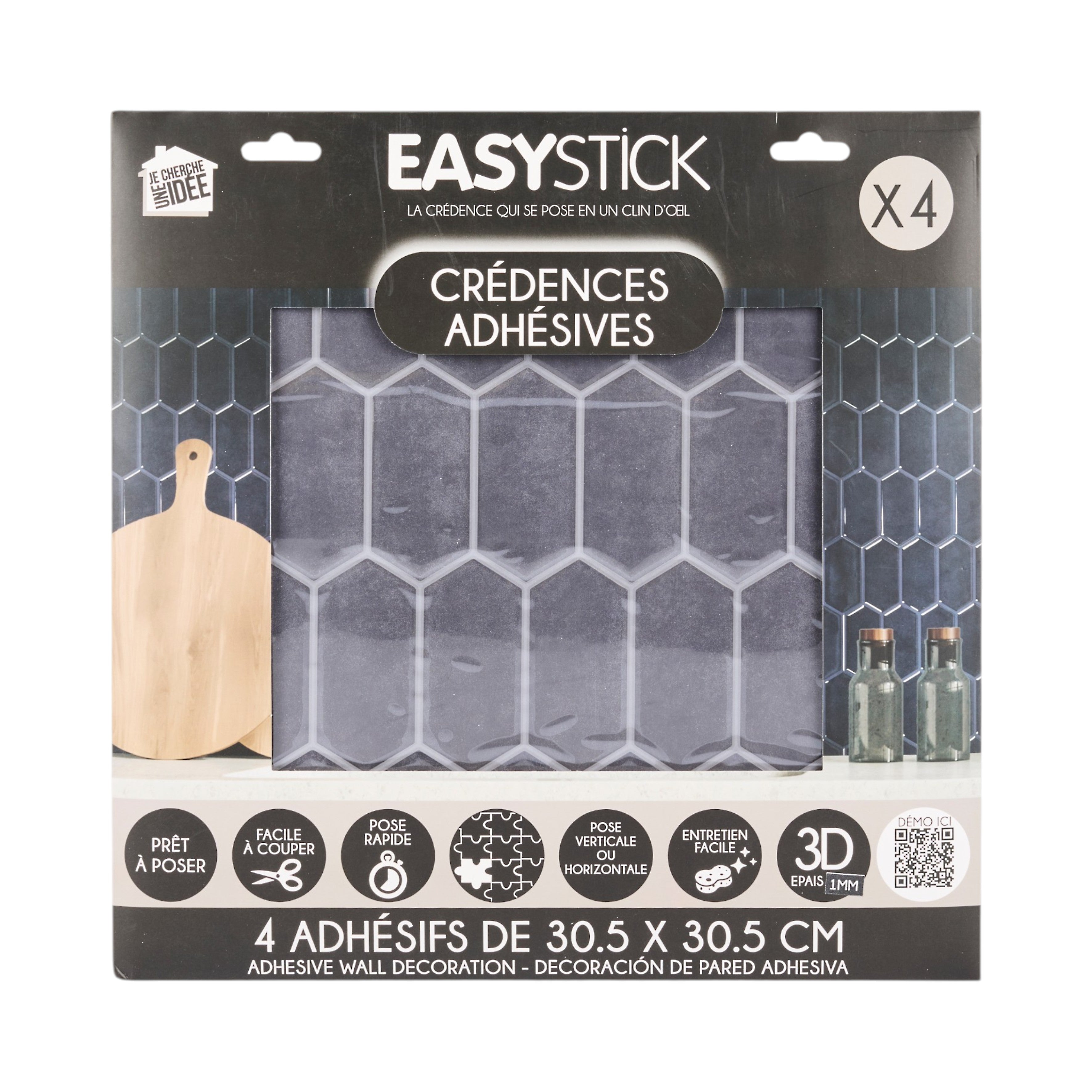CREDENCE ADHESIVE SOUPLE HEXAGONE NOIR X4