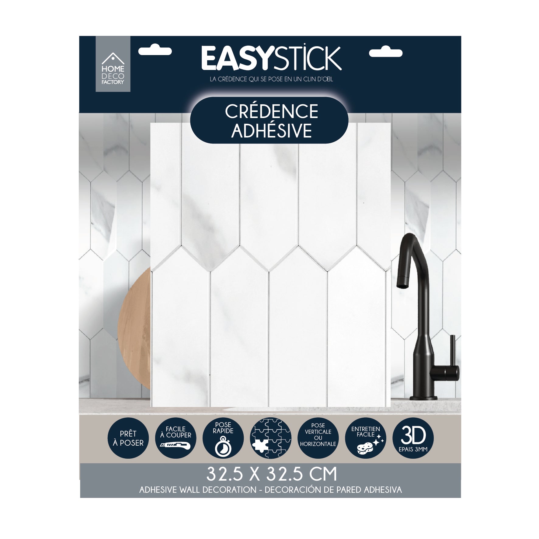 CREDENCE ADHESIVE RIGIDE HEXAGONE MARBRE BLANC
