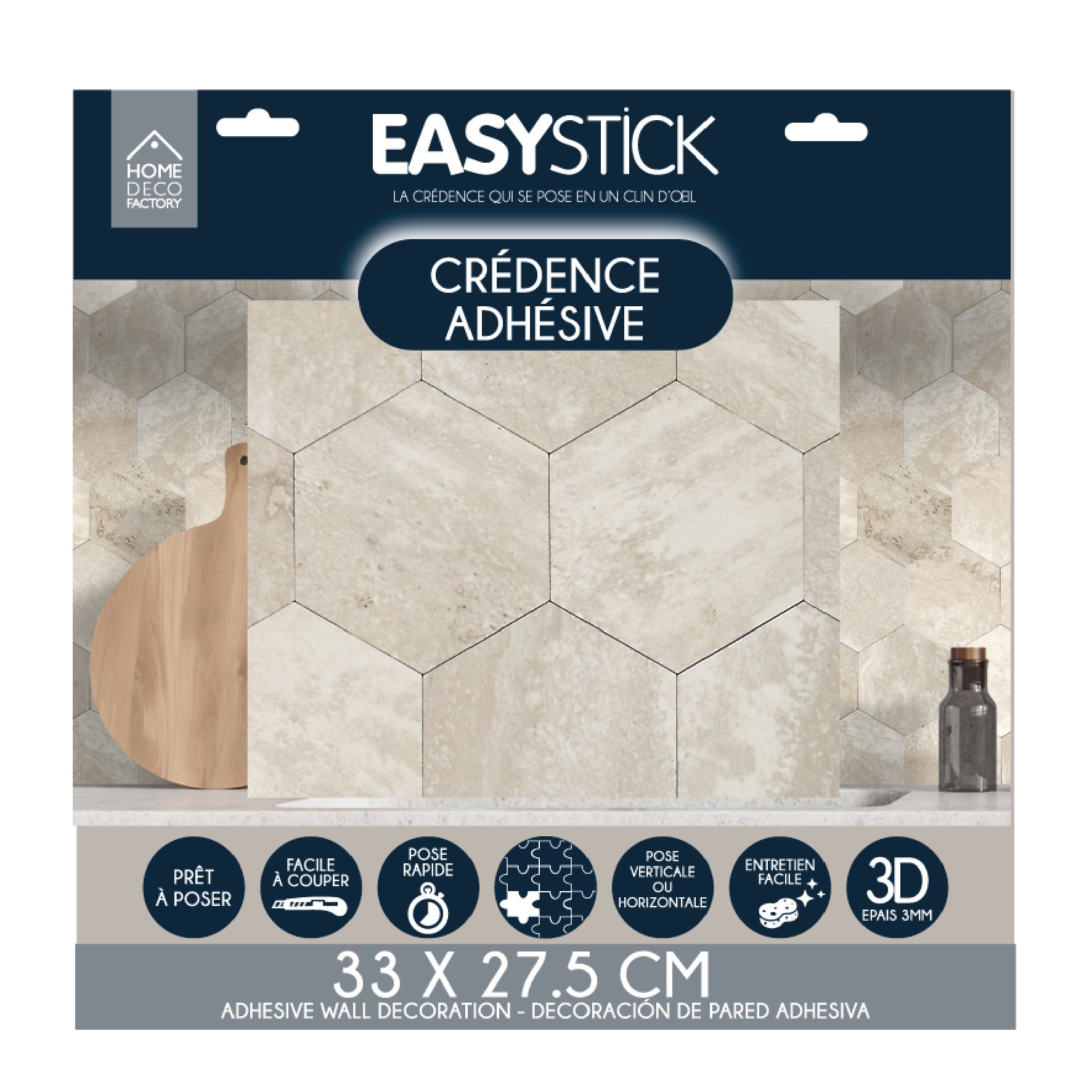 CREDENCE ADHESIVE RIGIDE HEXAGONE TRAVERTIN