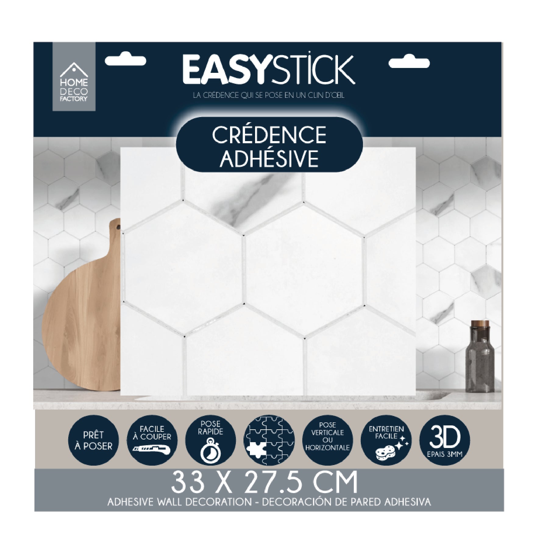 CREDENCE ADHESIVE ET RIGIDE HEXAGONE MARBRE BLANC