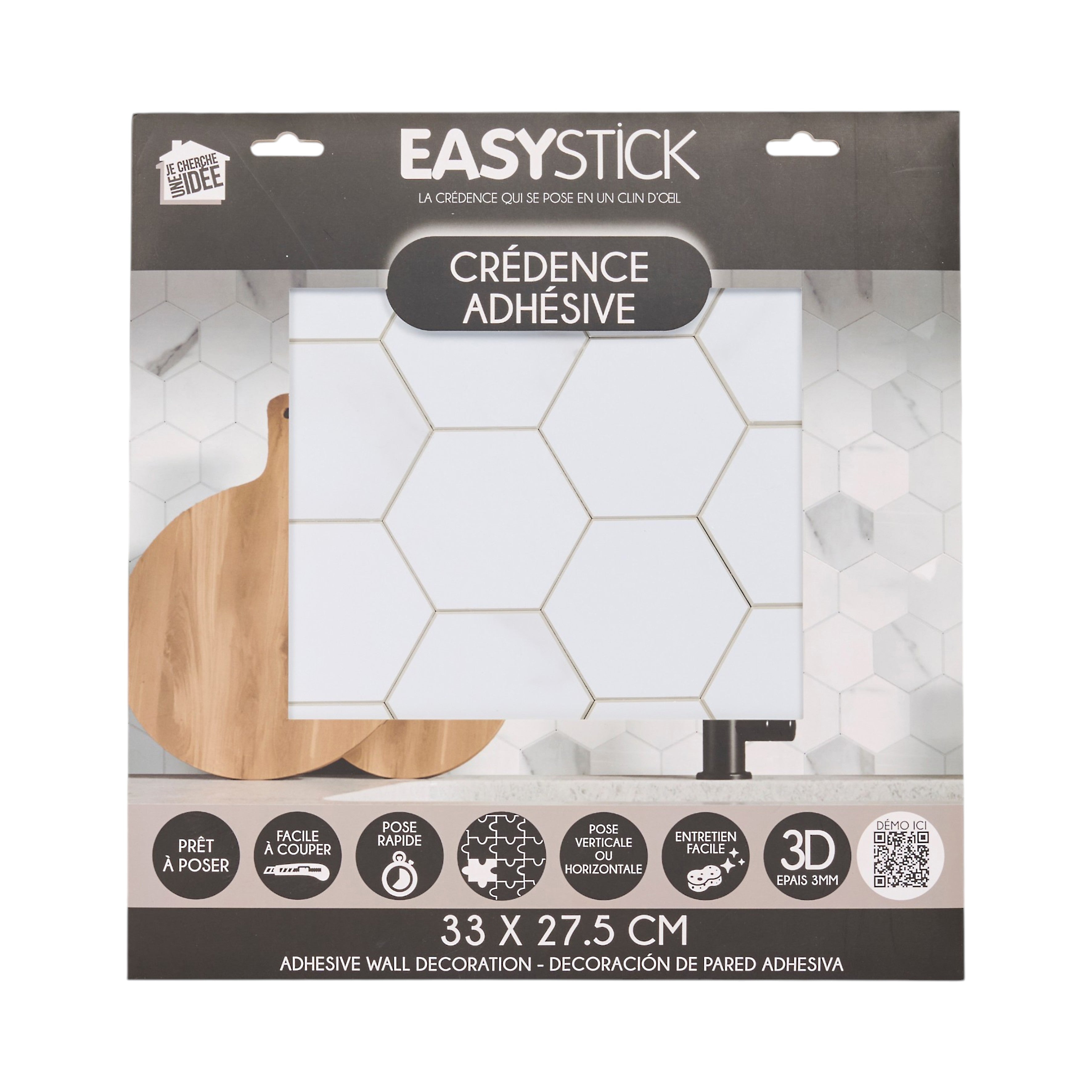 CREDENCE ADHESIVE ET RIGIDE HEXAGONE MARBRE BLANC
