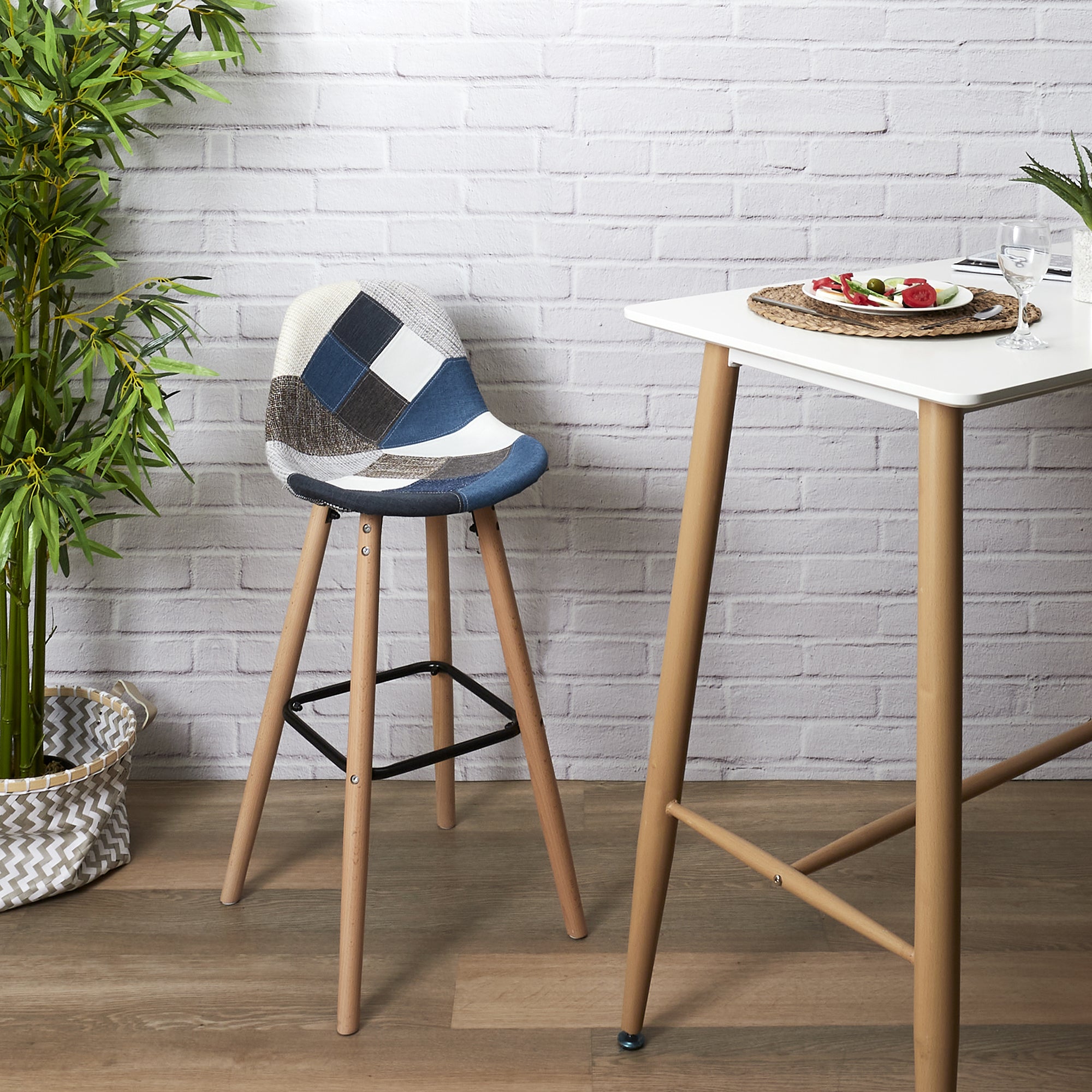 LOT DE 2 TABOURETS DE BAR PATCHWORK BLEU GRIS
