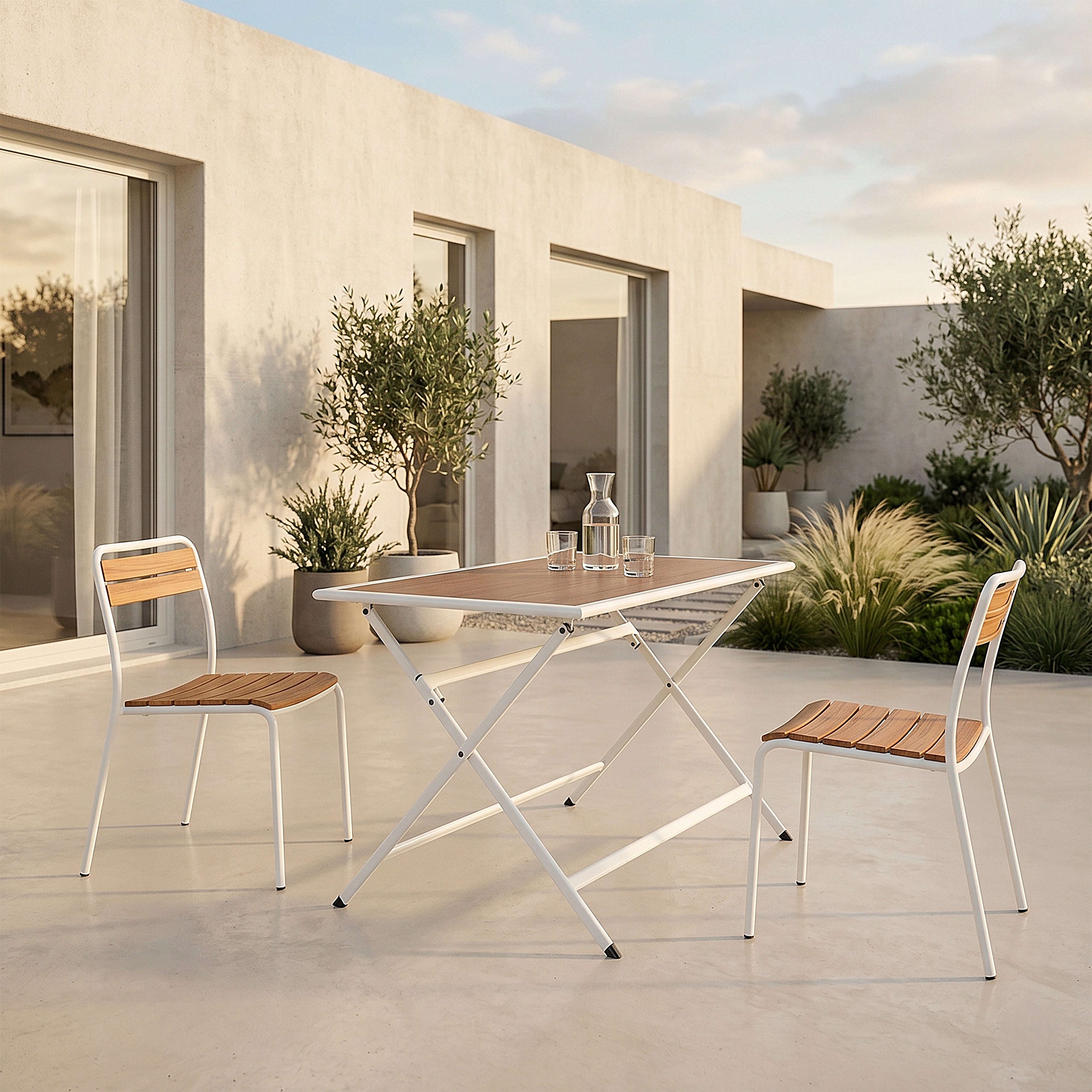 TABLE METAL BLANC EFFET BOIS BARCELONE 110X70