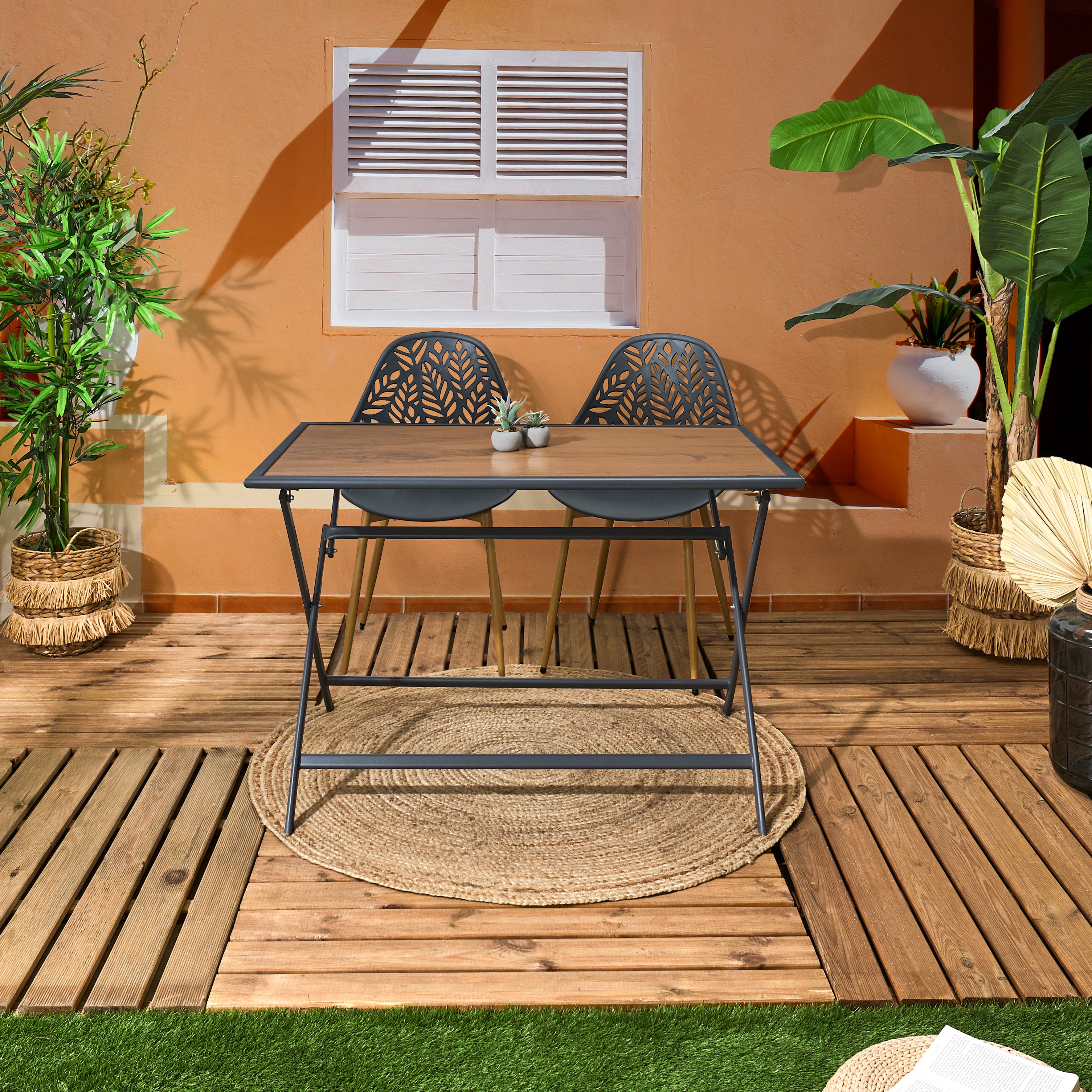 TABLE METAL GRIS EFFET BOIS BARCELONE 110X70CM
