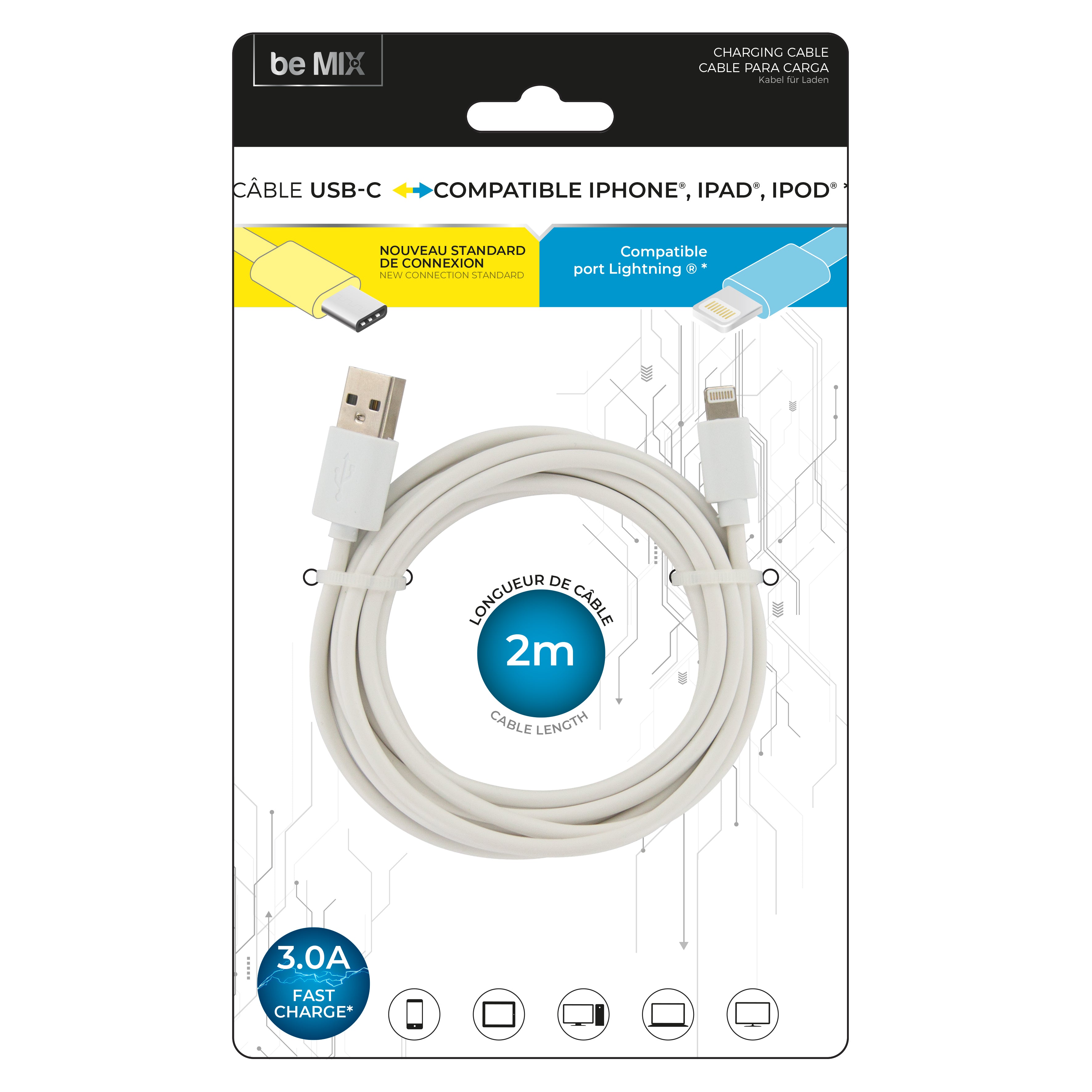 CABLE CHARGE ULTRA RAPIDE 3A USBC LIGHTNING 2M