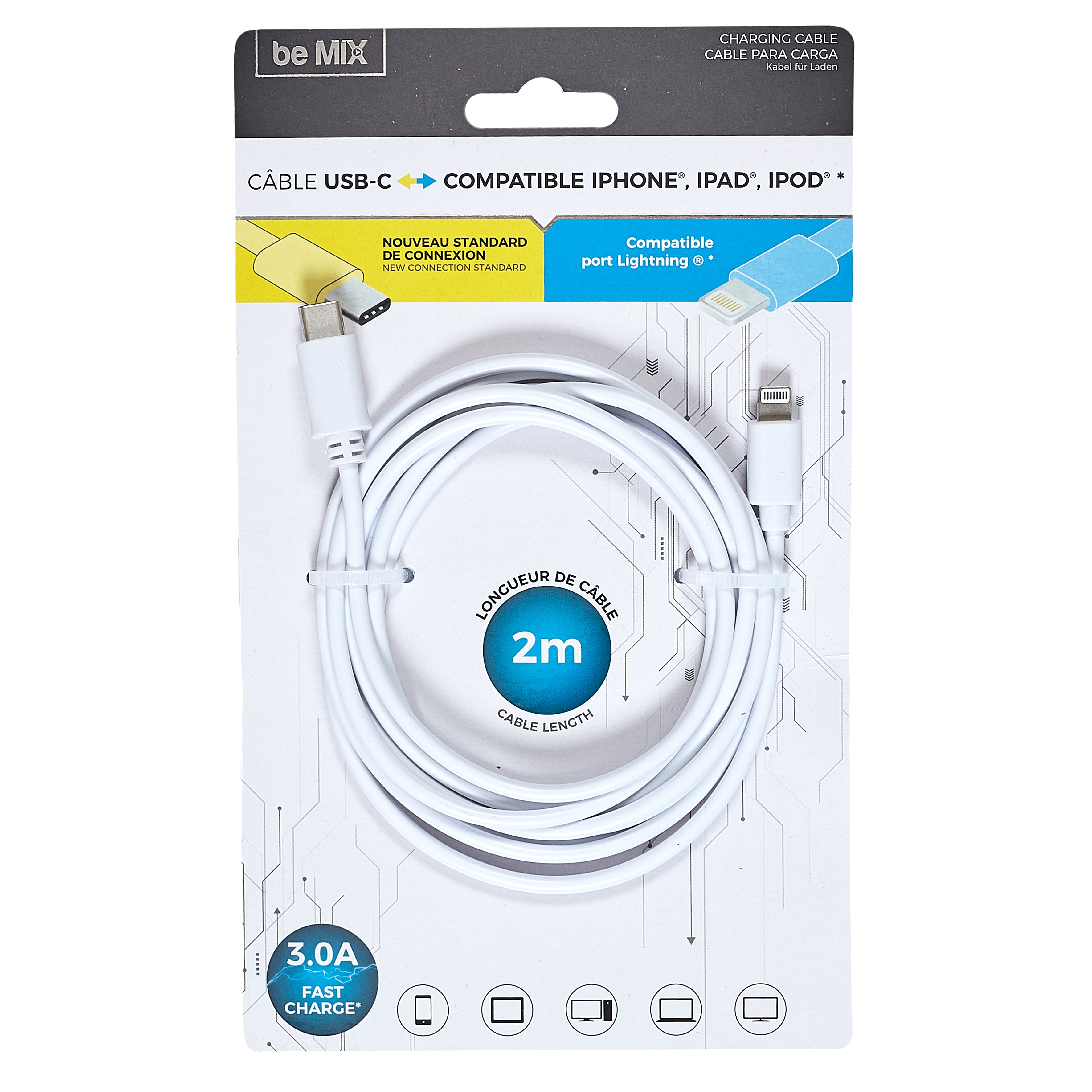 CABLE CHARGE ULTRA RAPIDE 3A USBC LIGHTNING 2M