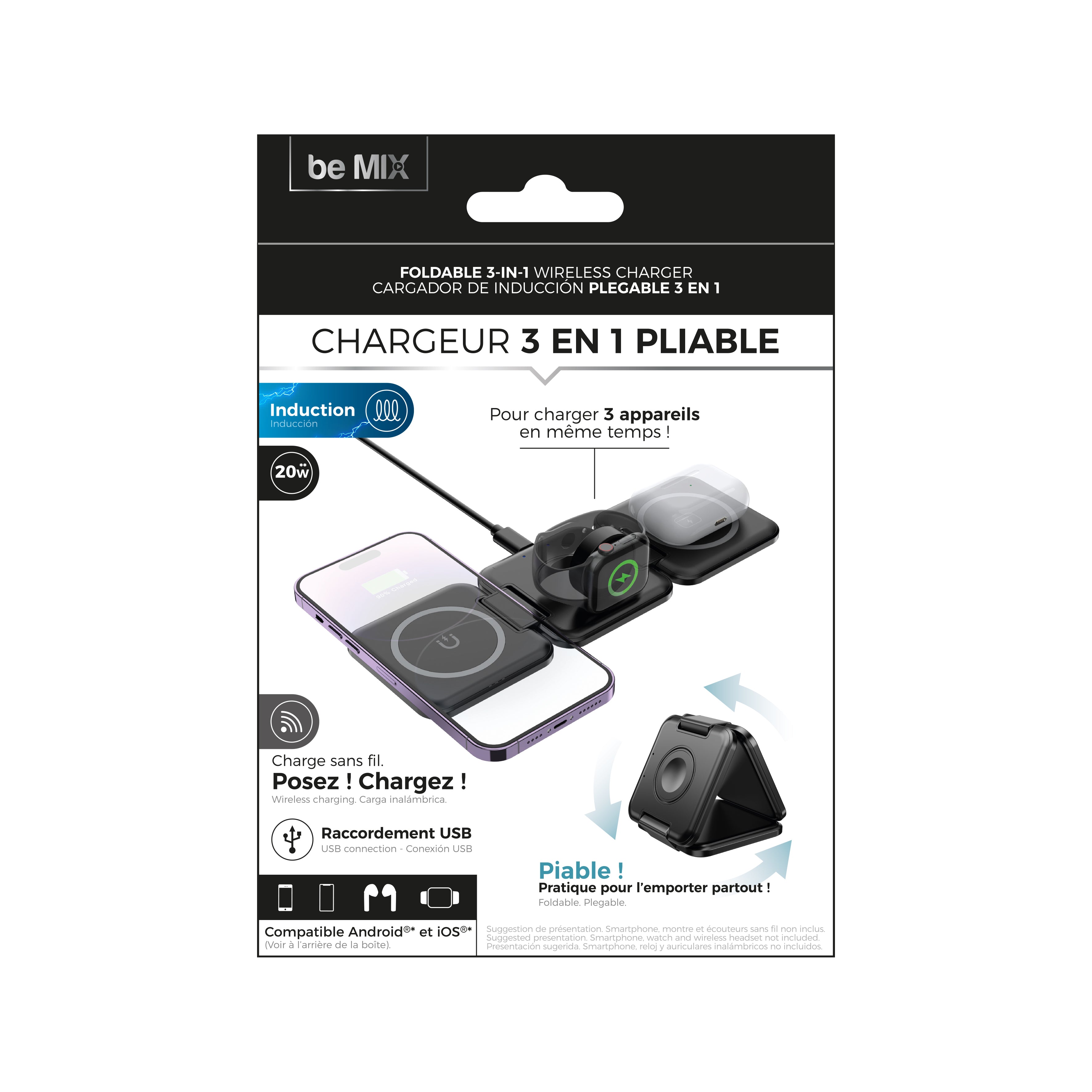 CHARGEUR A INDUCTION PLIABLE 3EN1 20W