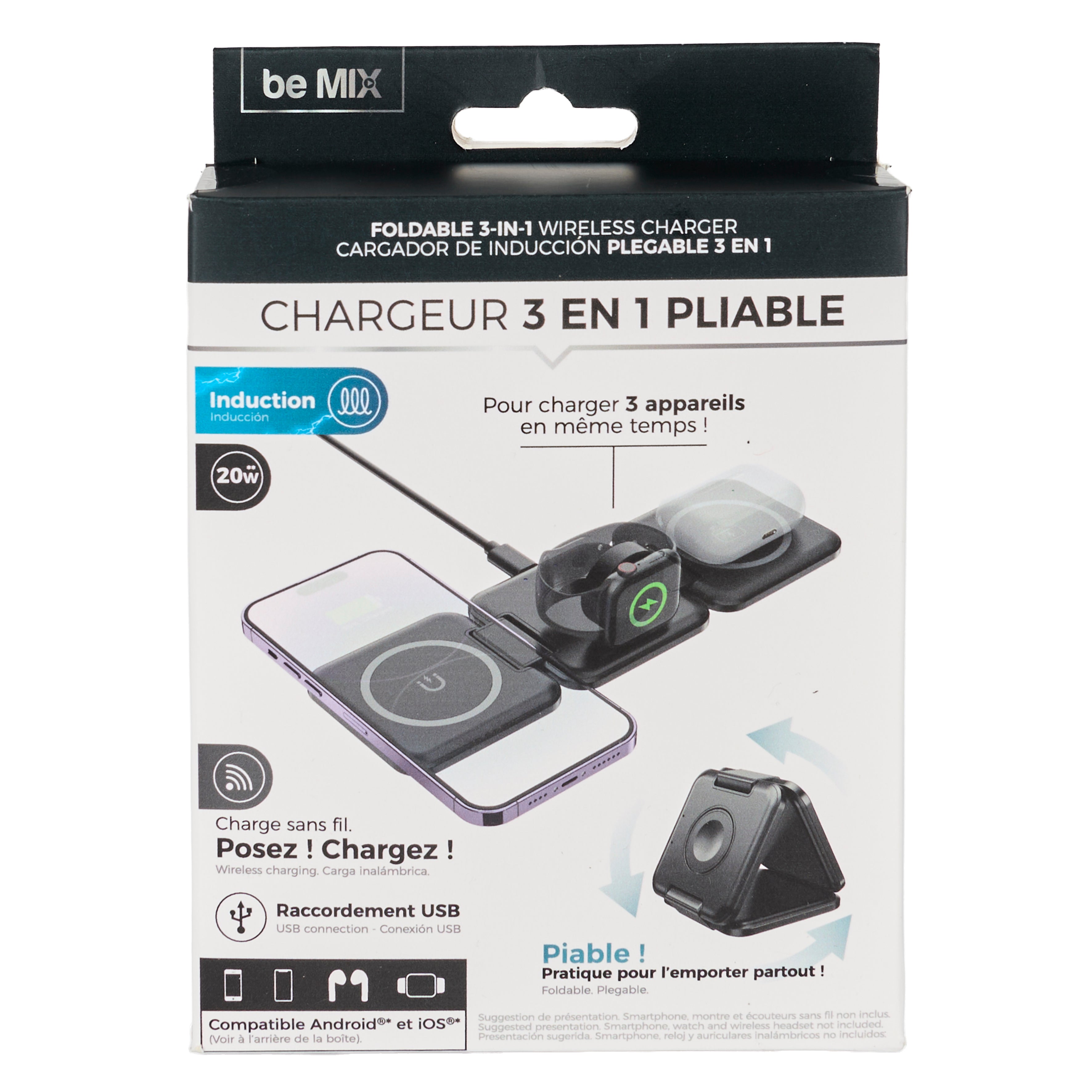 CHARGEUR A INDUCTION PLIABLE 3EN1 20W