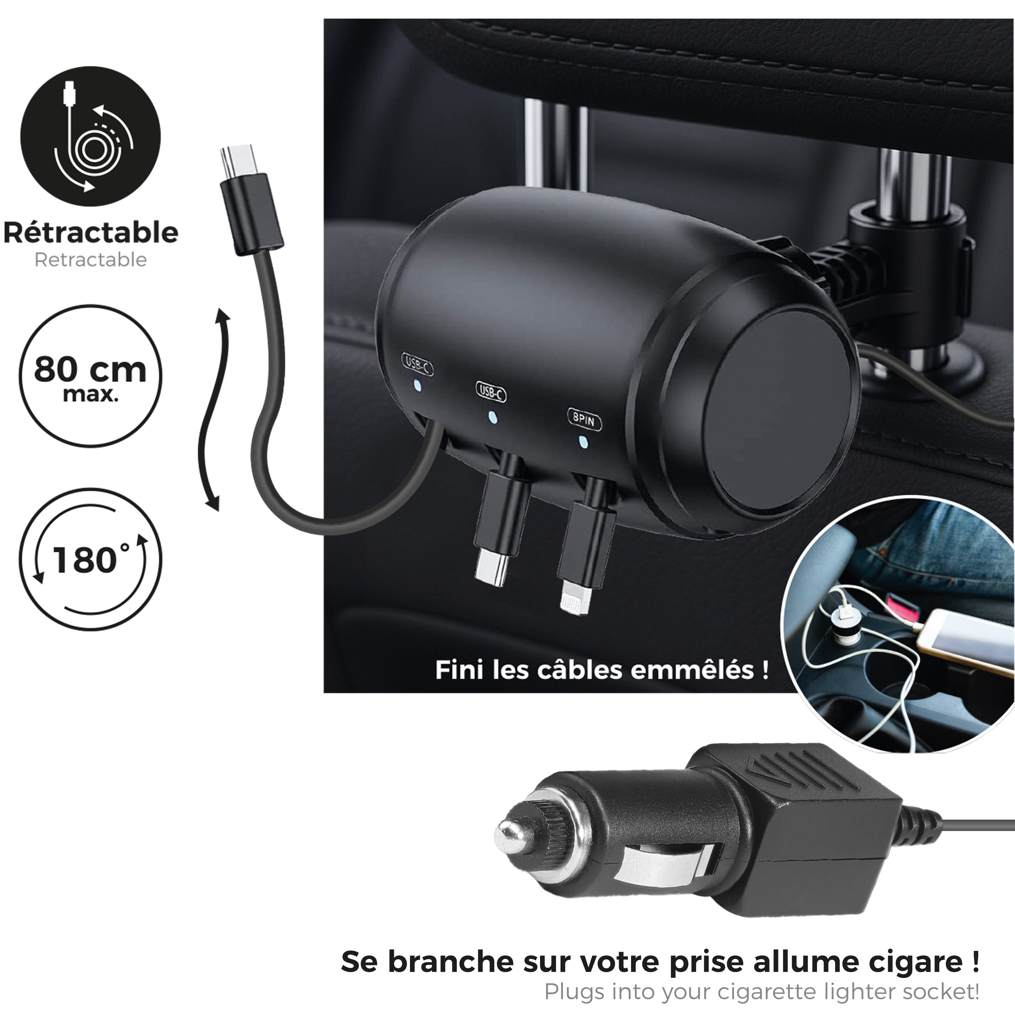 MULTI CHARGEUR RETRACTABLE POUR VOITURE