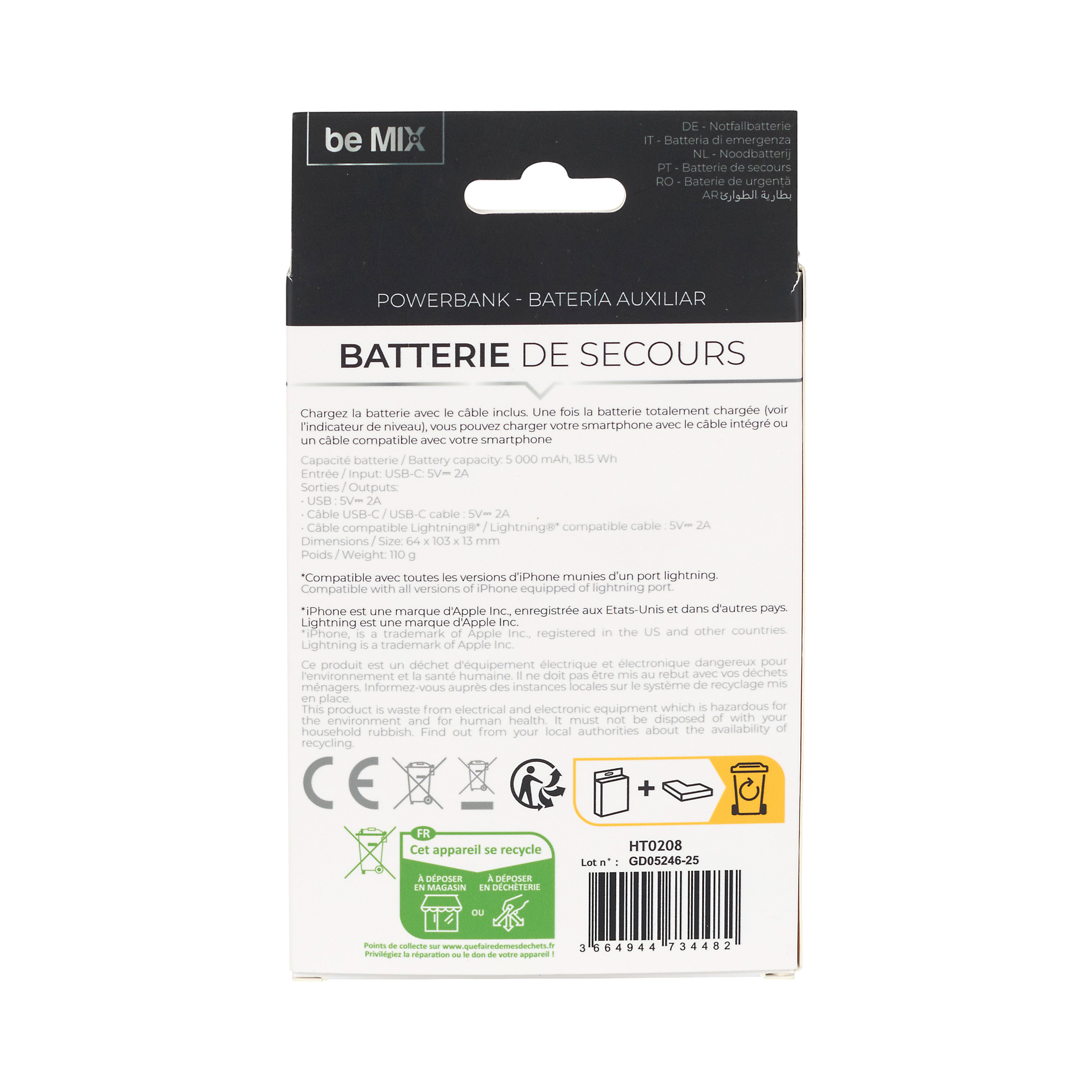 BATTERIE PORTABLE SLIM TYPE C ET LIGHT 5000MAH