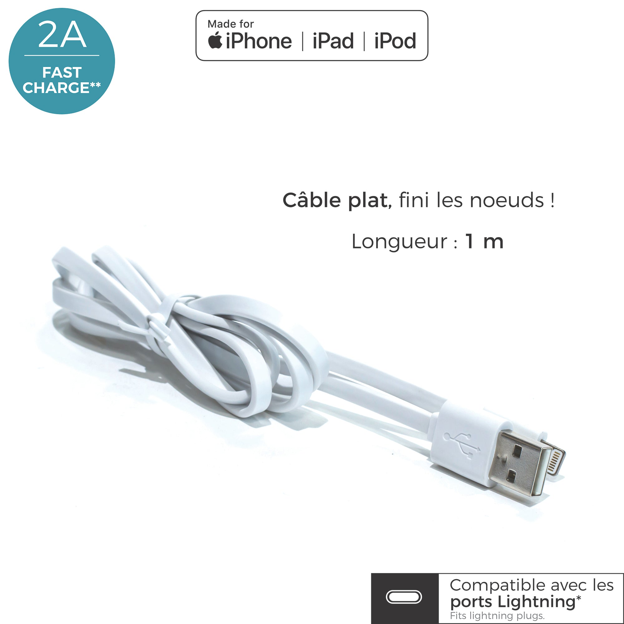 CABLE CHG RAPIDE 2A SYNC MFI IPHONE PLAT BLANC