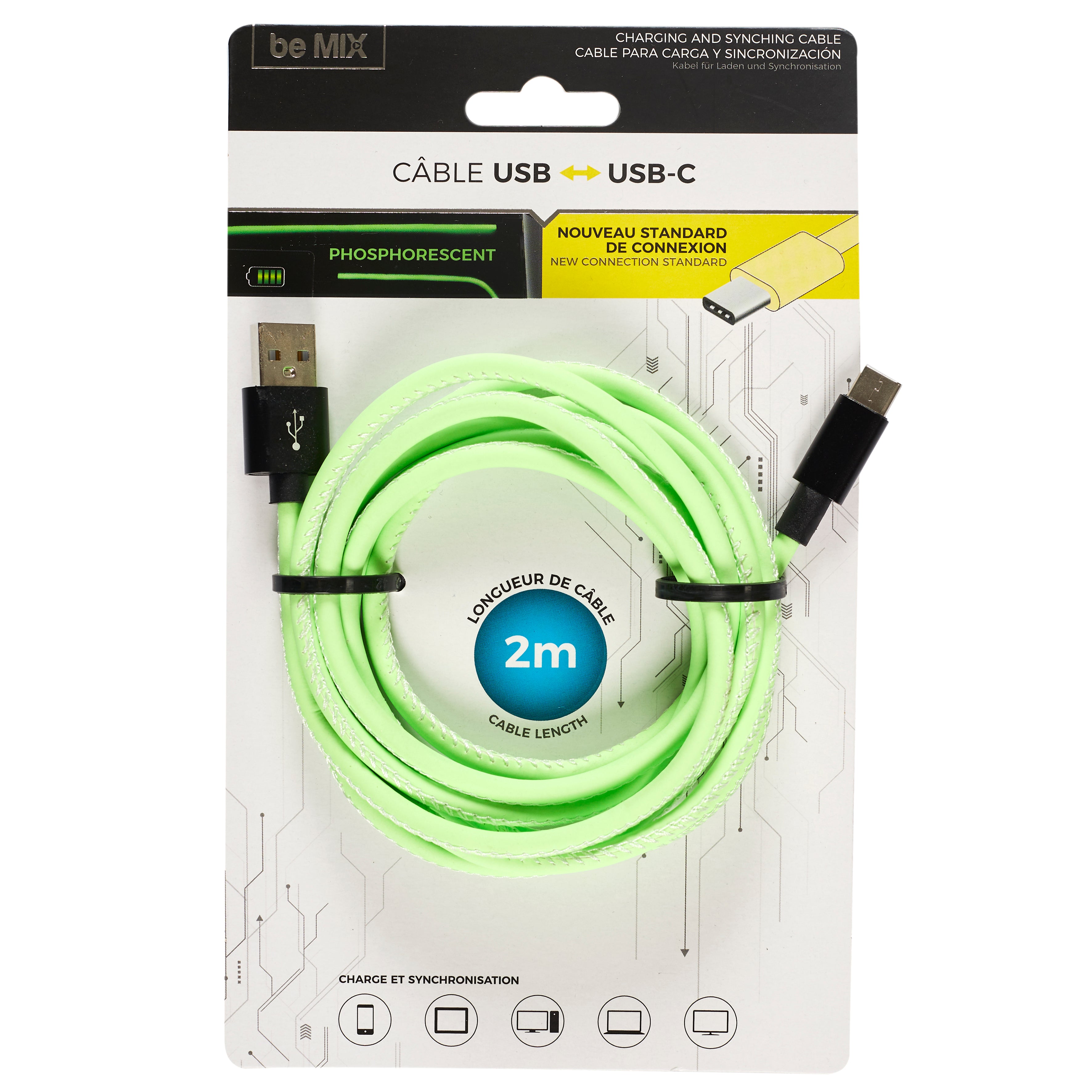 CABLE CHG RAPIDE 2A TYPE C PHOSPHORESCENT 2M