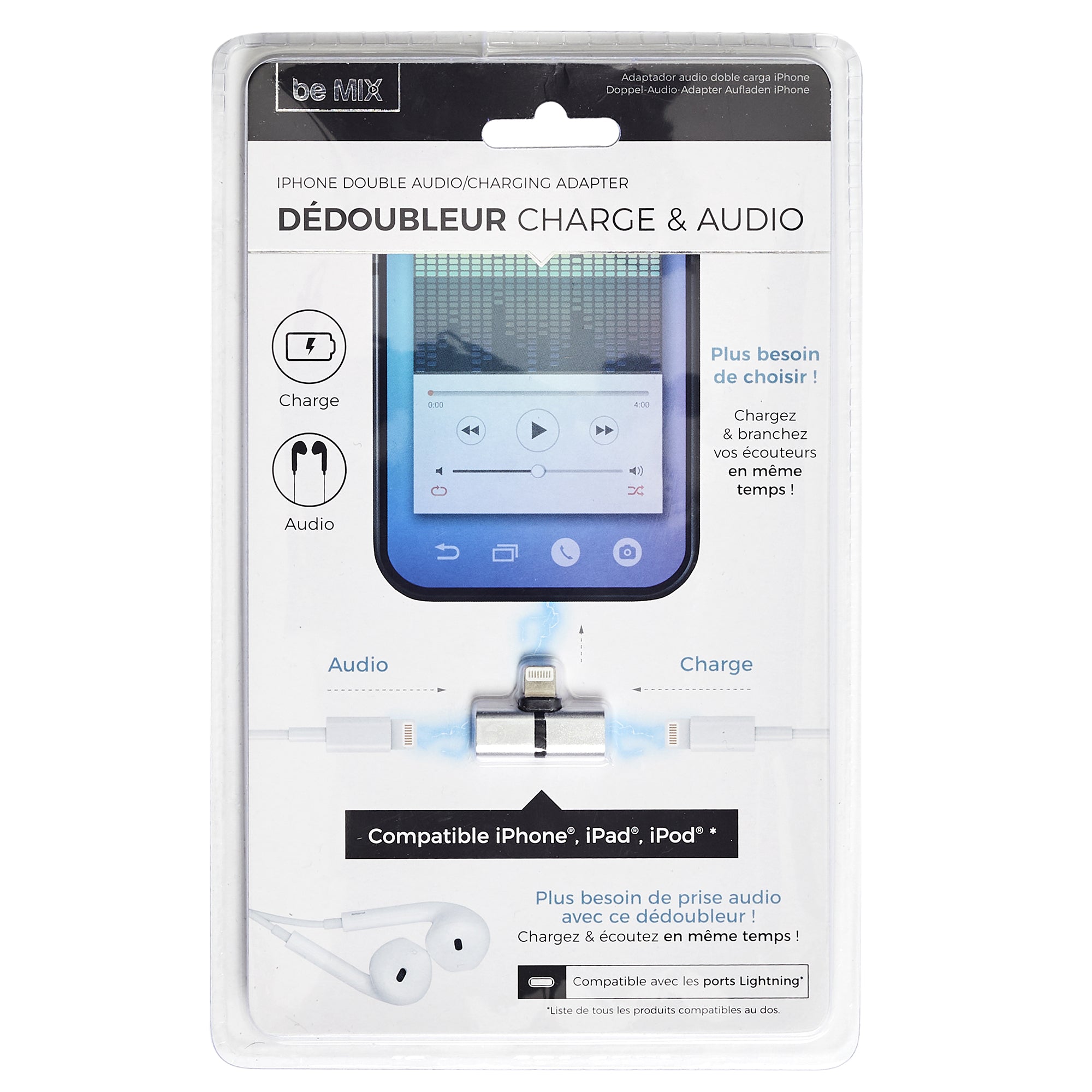 ADAPTATEUR DOUBLE AUDIO CHARGEMENT IPHONE