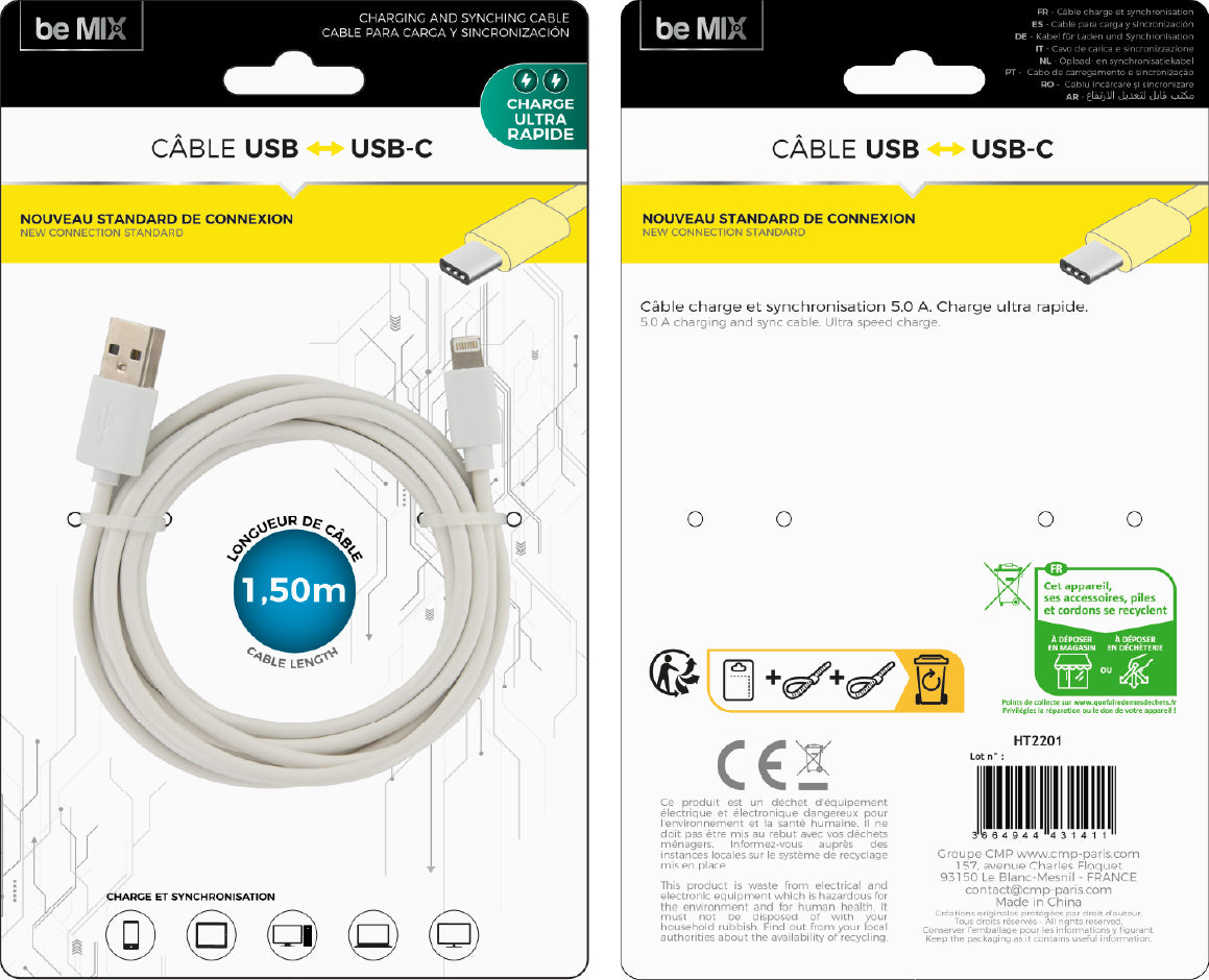 CABLE CHARGE ET SYNC TYPE C 5A 1.5M