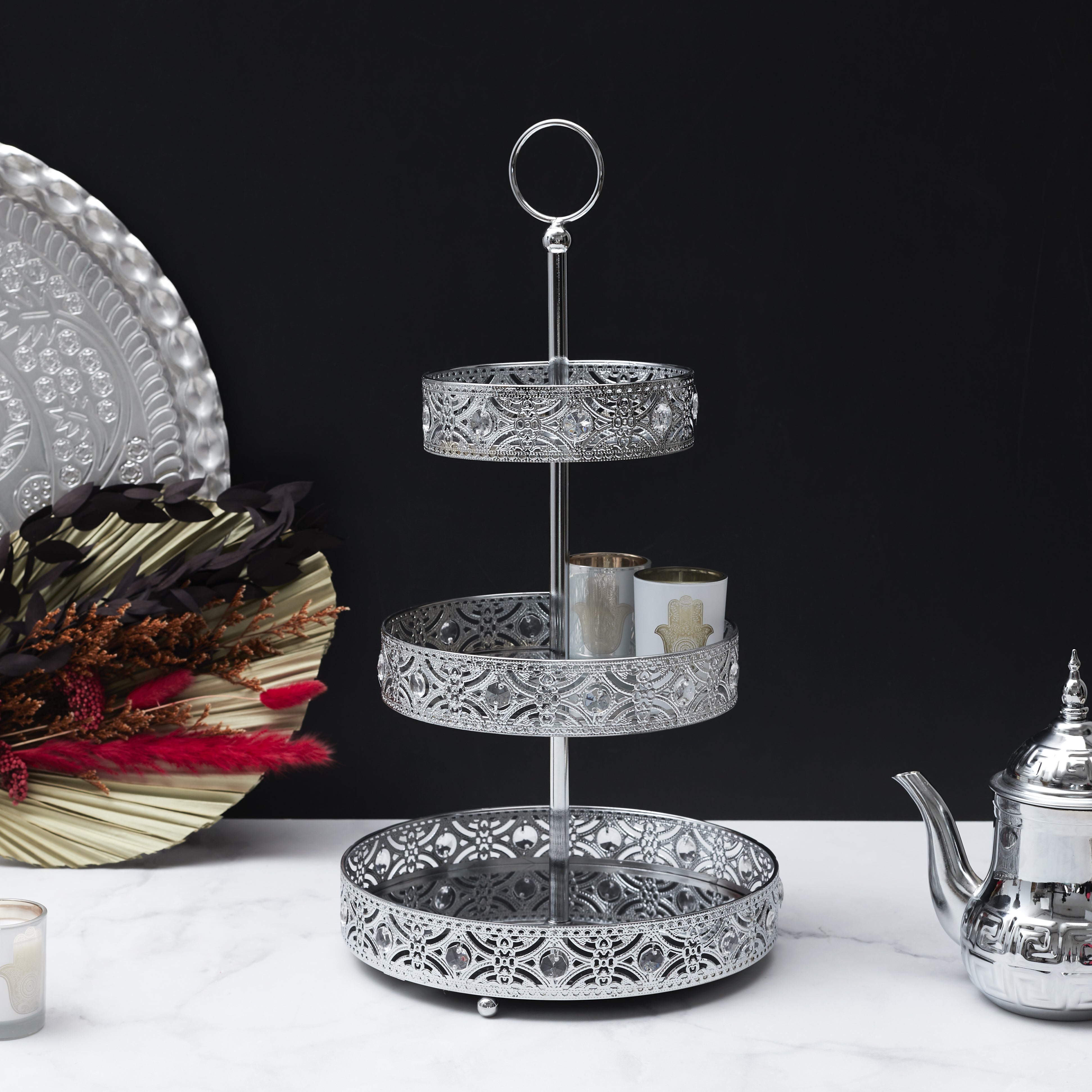 PLATEAU DECORATIF METAL ARGENTE 3 ETAGES