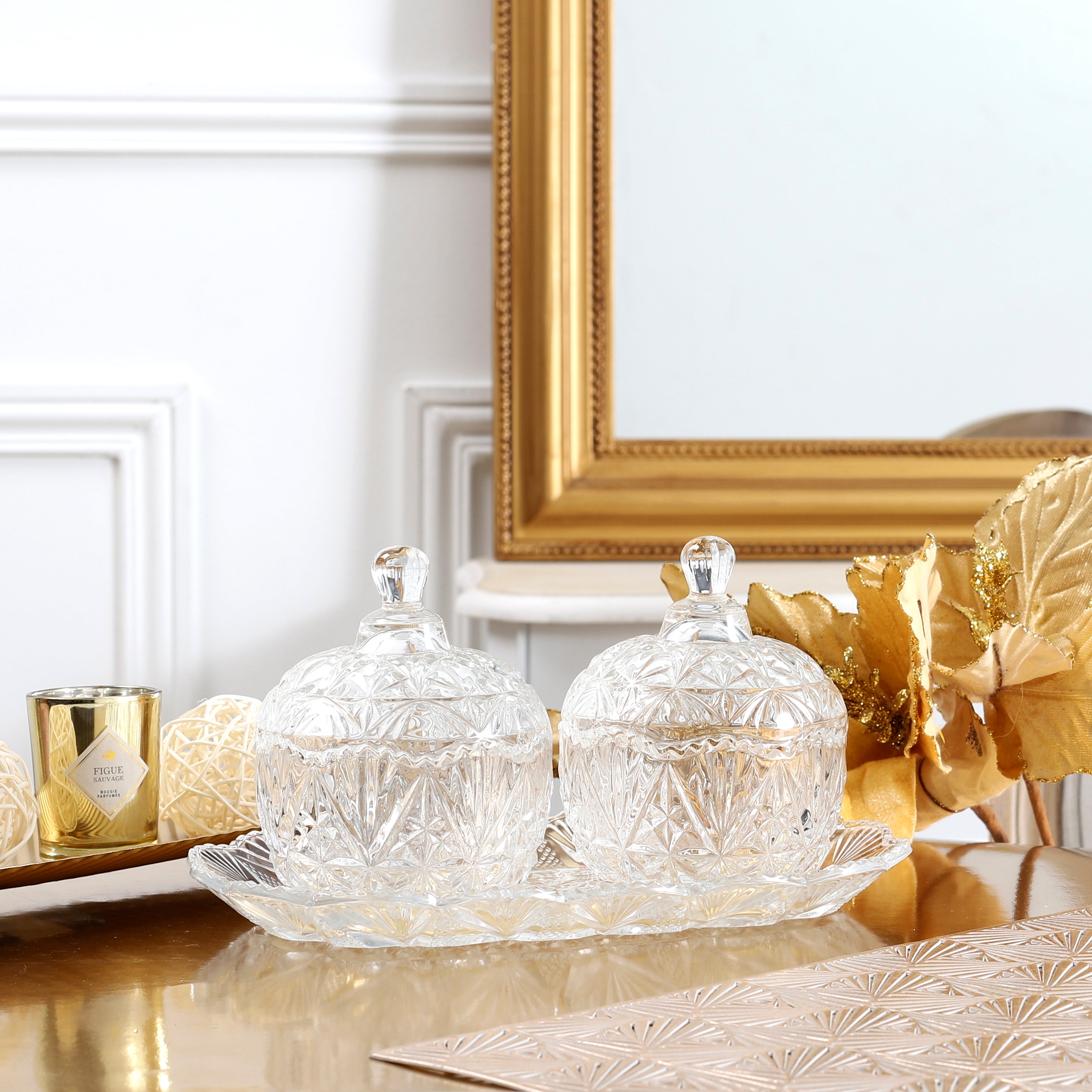 DUO BONBONNIERES SUR PLATEAU EN VERRE 145CL