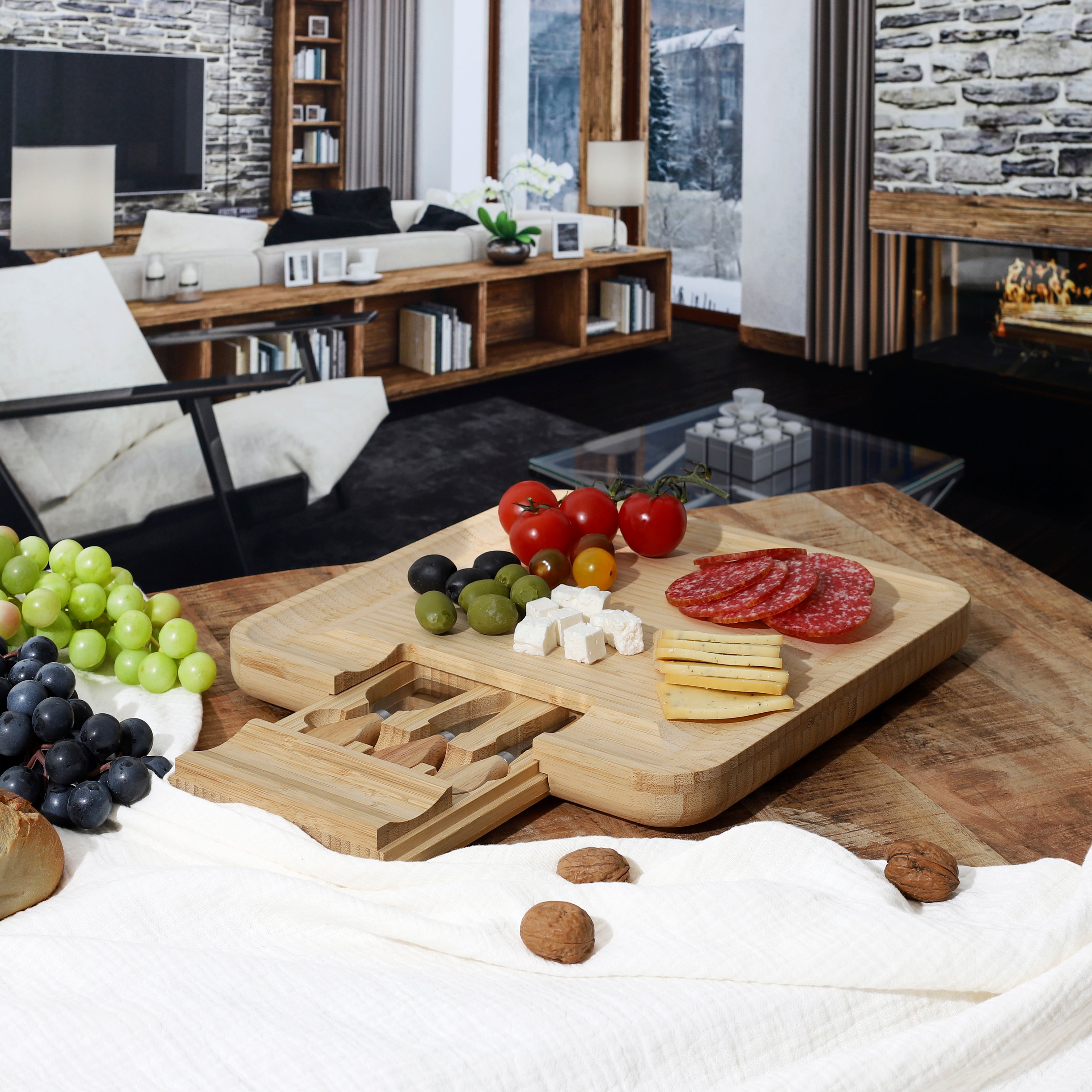 PLANCHE APERO BAMBOU TIROIR COUTEAUX FROMAGE