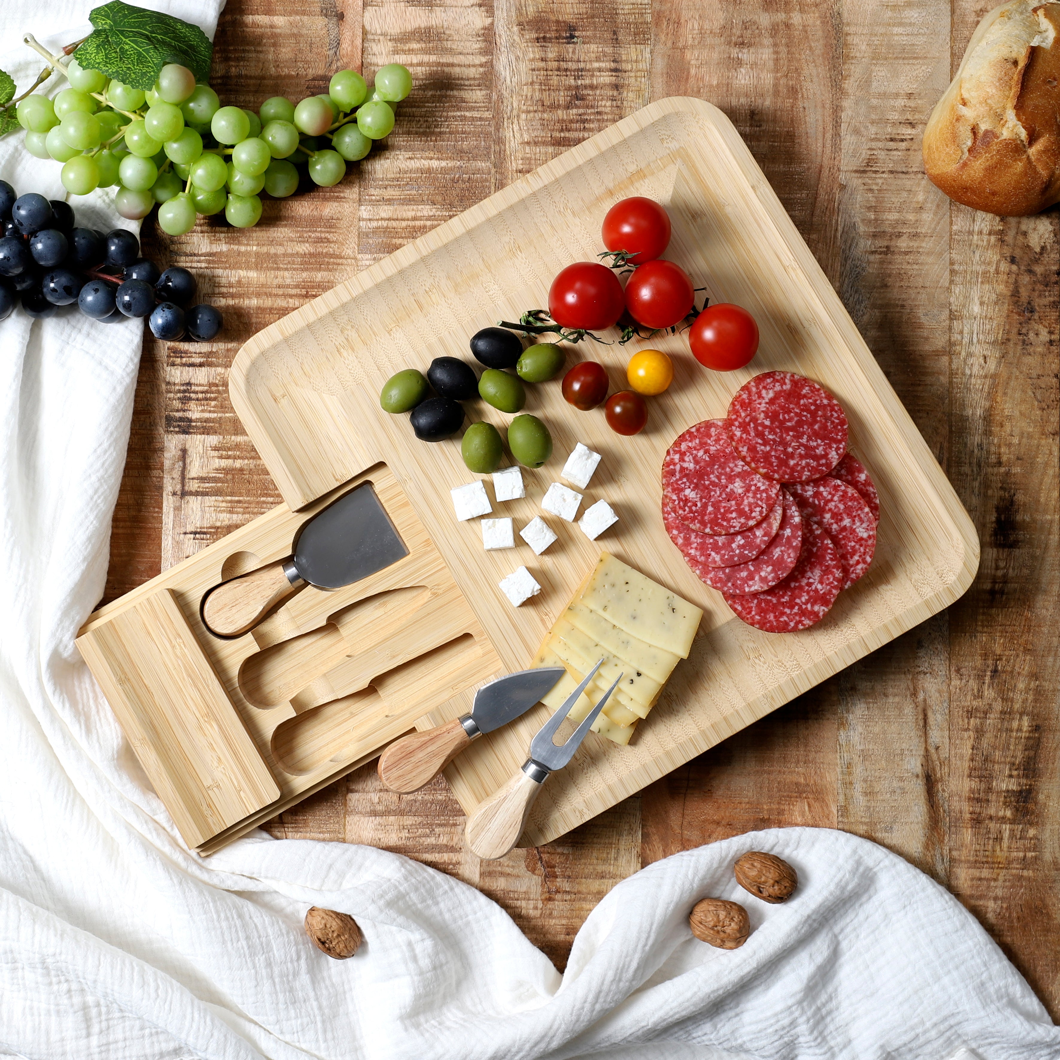 PLANCHE APERO BAMBOU TIROIR COUTEAUX FROMAGE