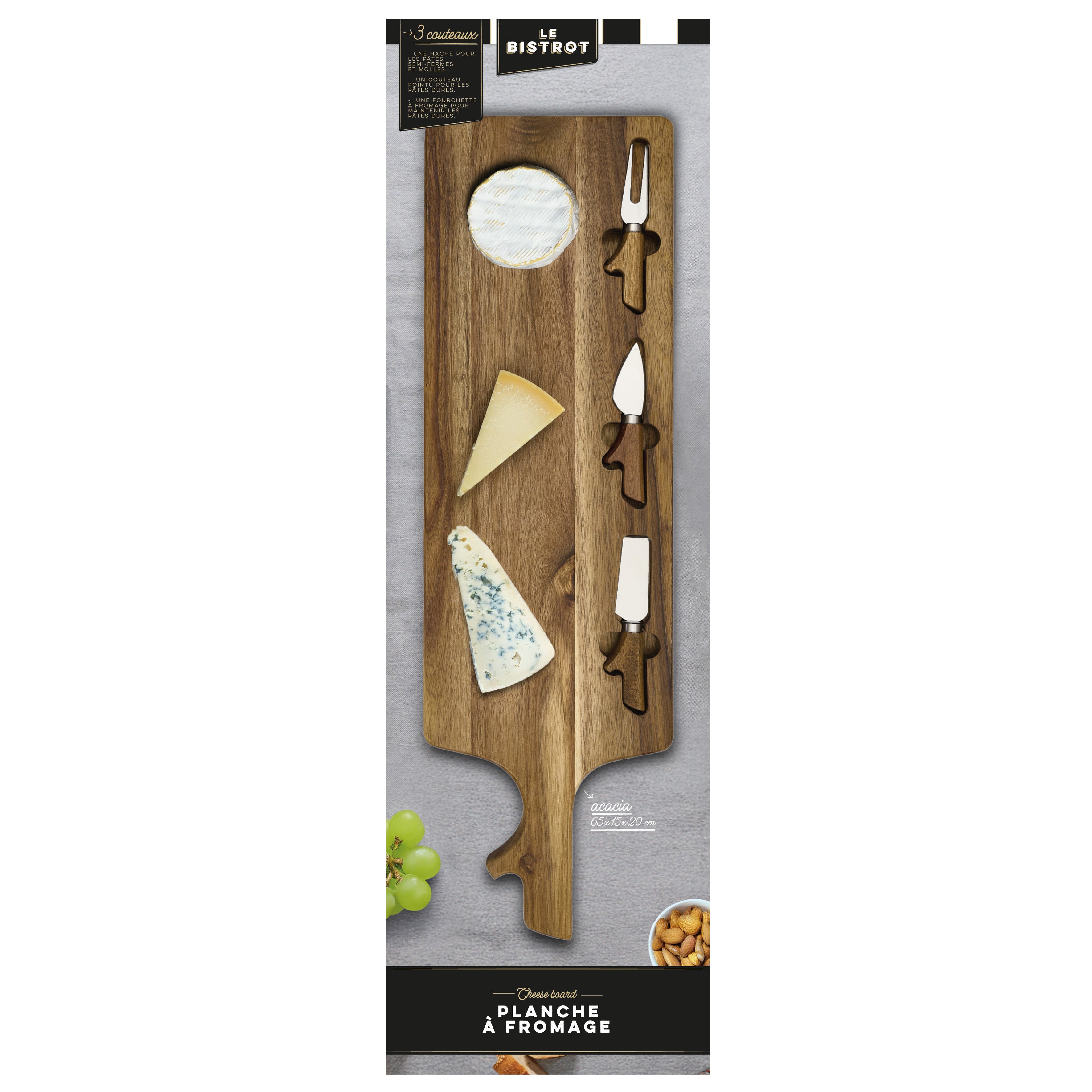 PLANCHE A FROMAGE ACACIA AVEC 3 COUTEAUX
