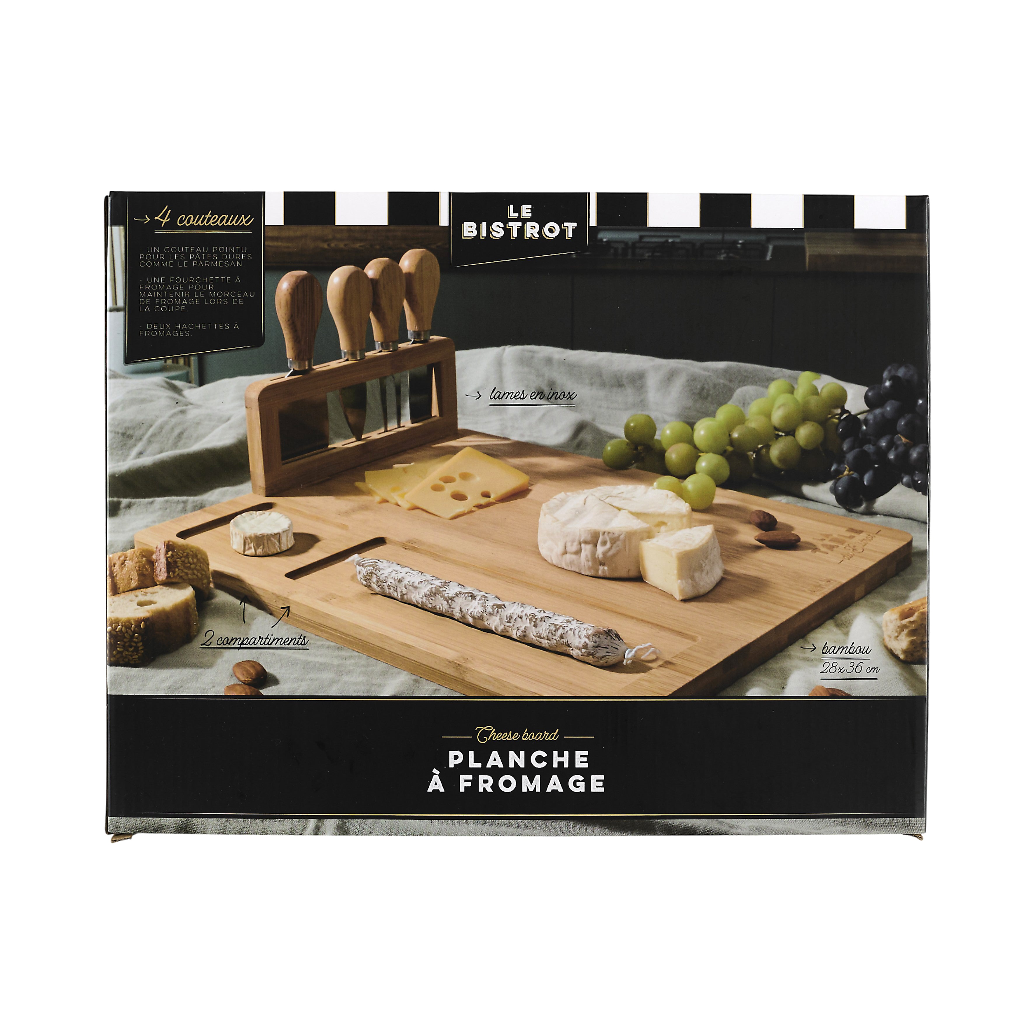 PLANCHE A FROMAGE BAMBOU AVEC 4 COUTEAUX