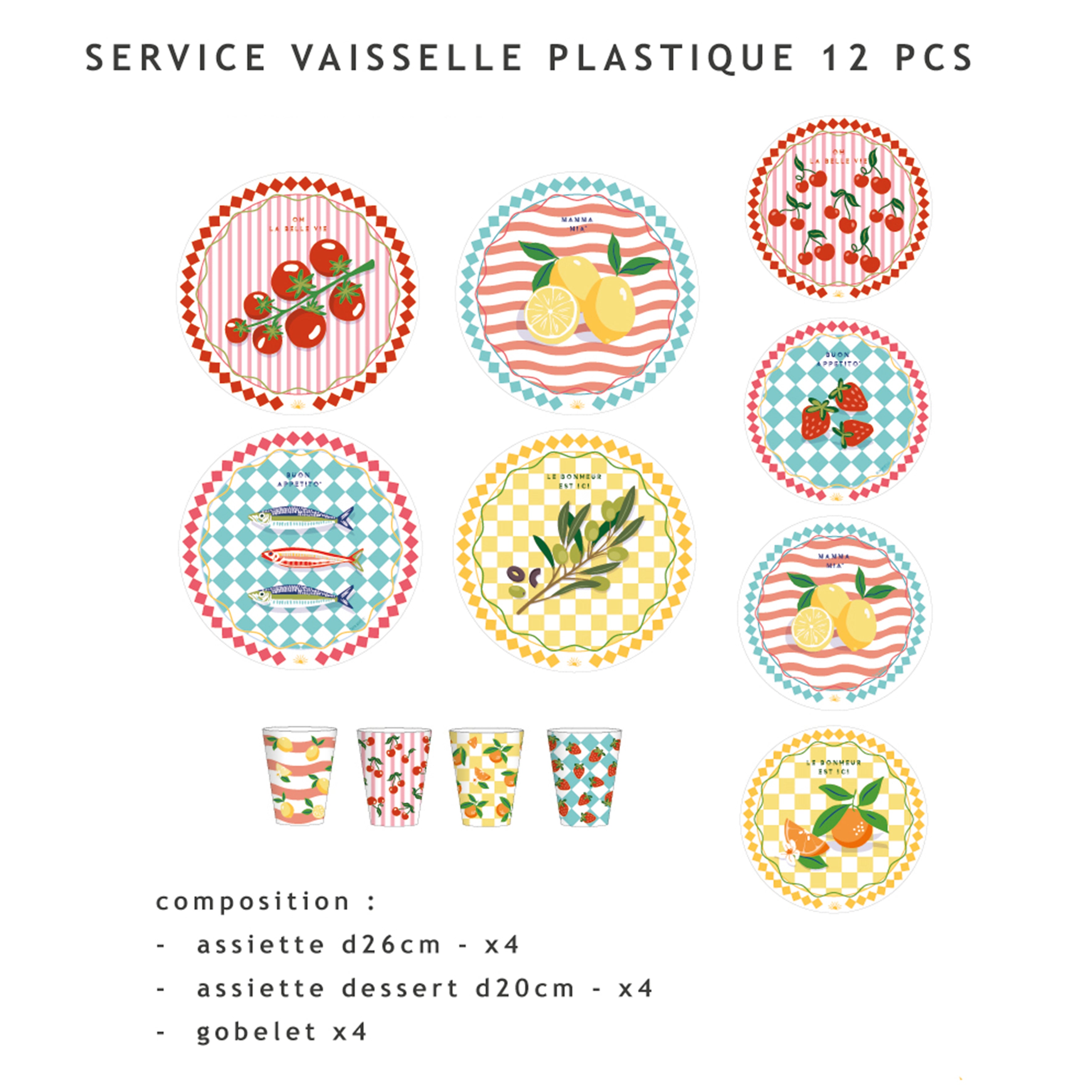SERVICE VAISSELLE PLASTIQUE 12 PCS PLEIN SOLEIL
