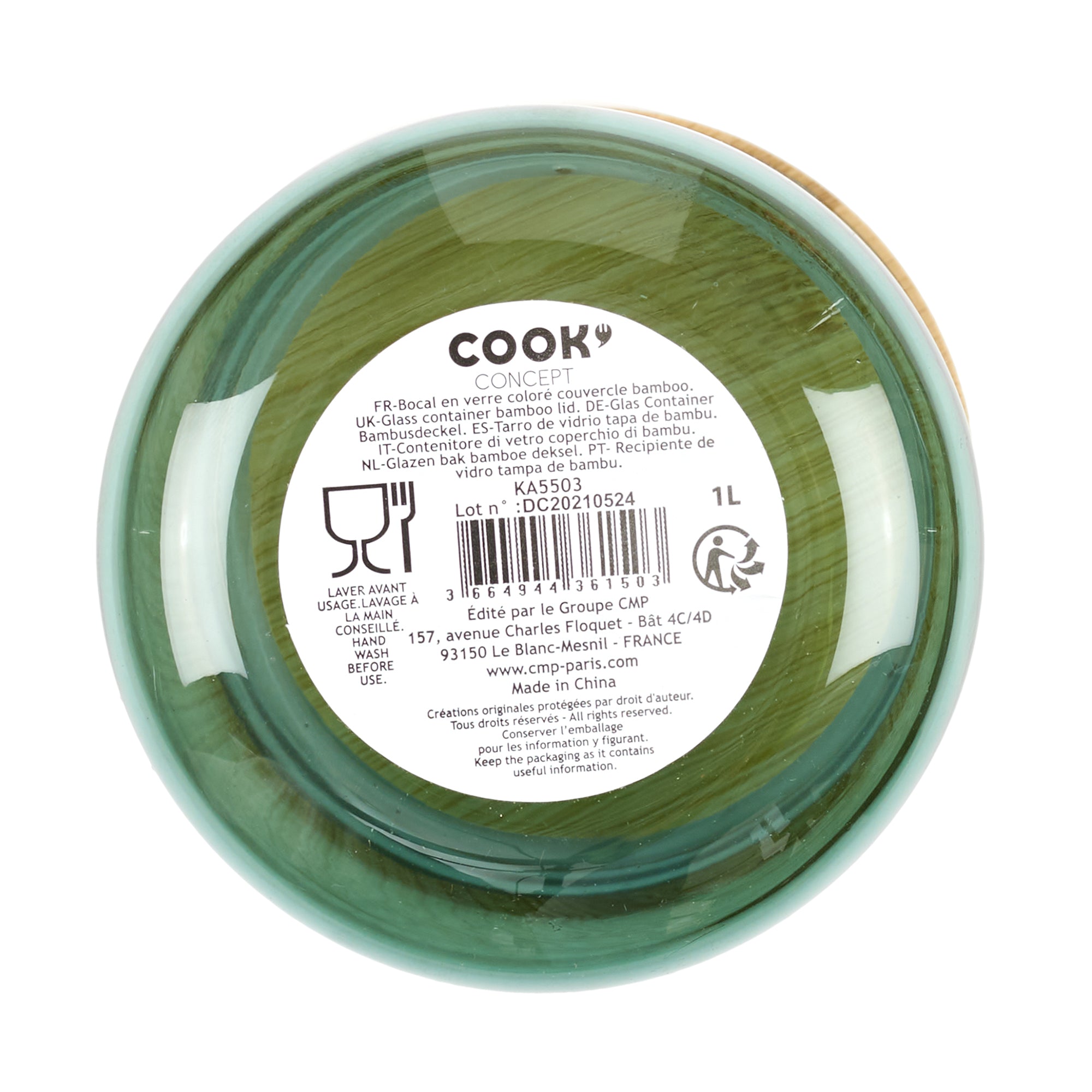 BOCAL VERRE COLORE COUVERCLE BAMBOU 1L