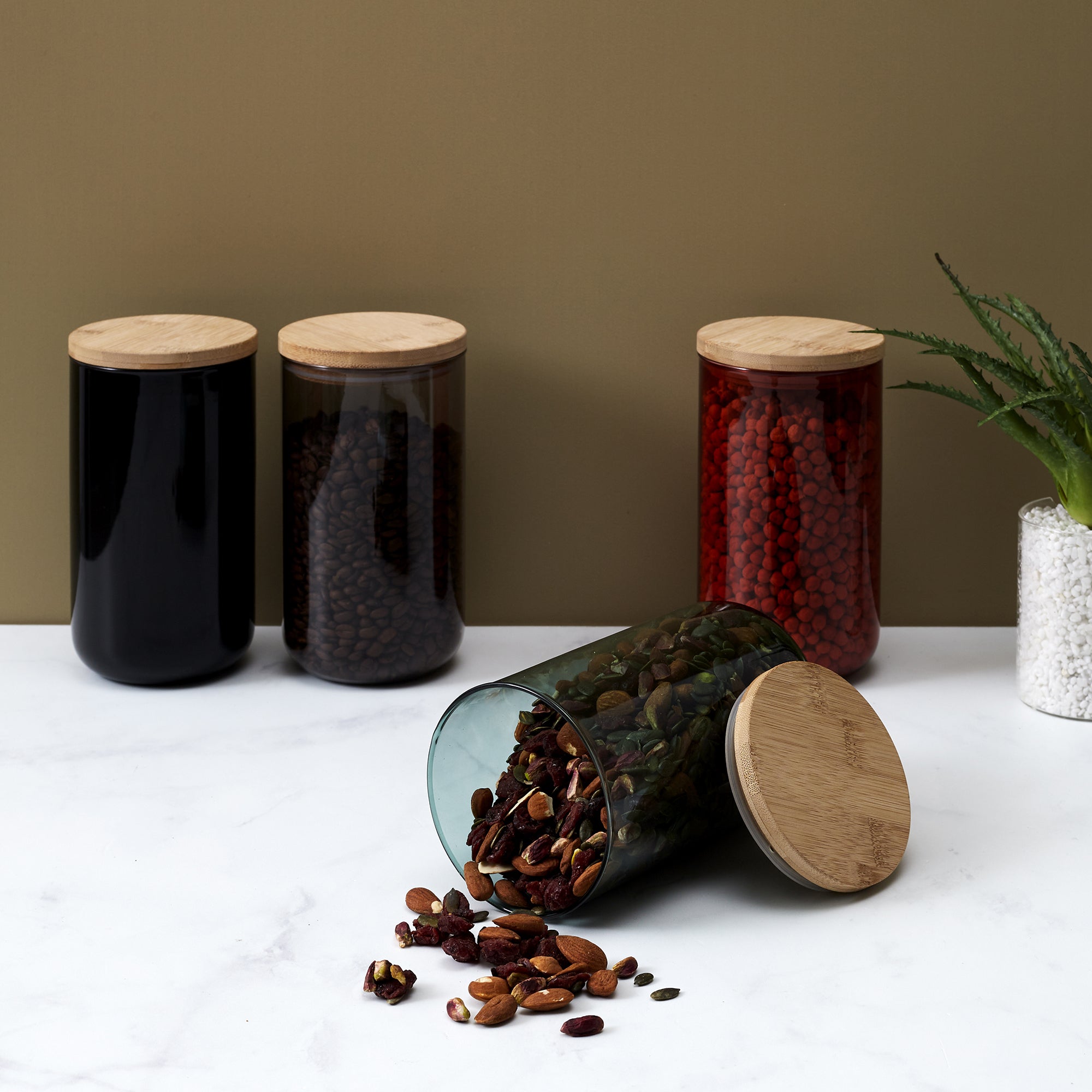 BOCAL VERRE COLORE COUVERCLE BAMBOU 1L