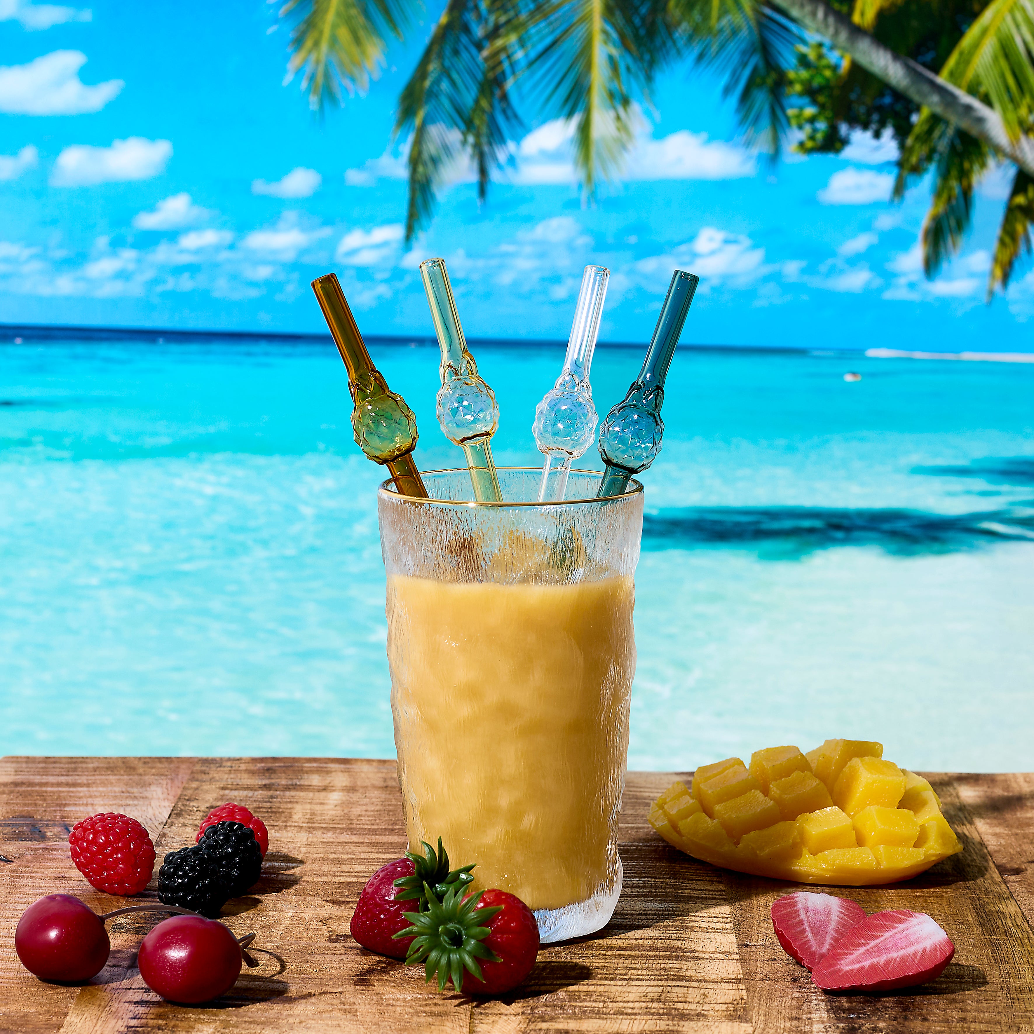 PAILLE EN VERRE FORME ANANAS X4 AVEC GOUPILLON