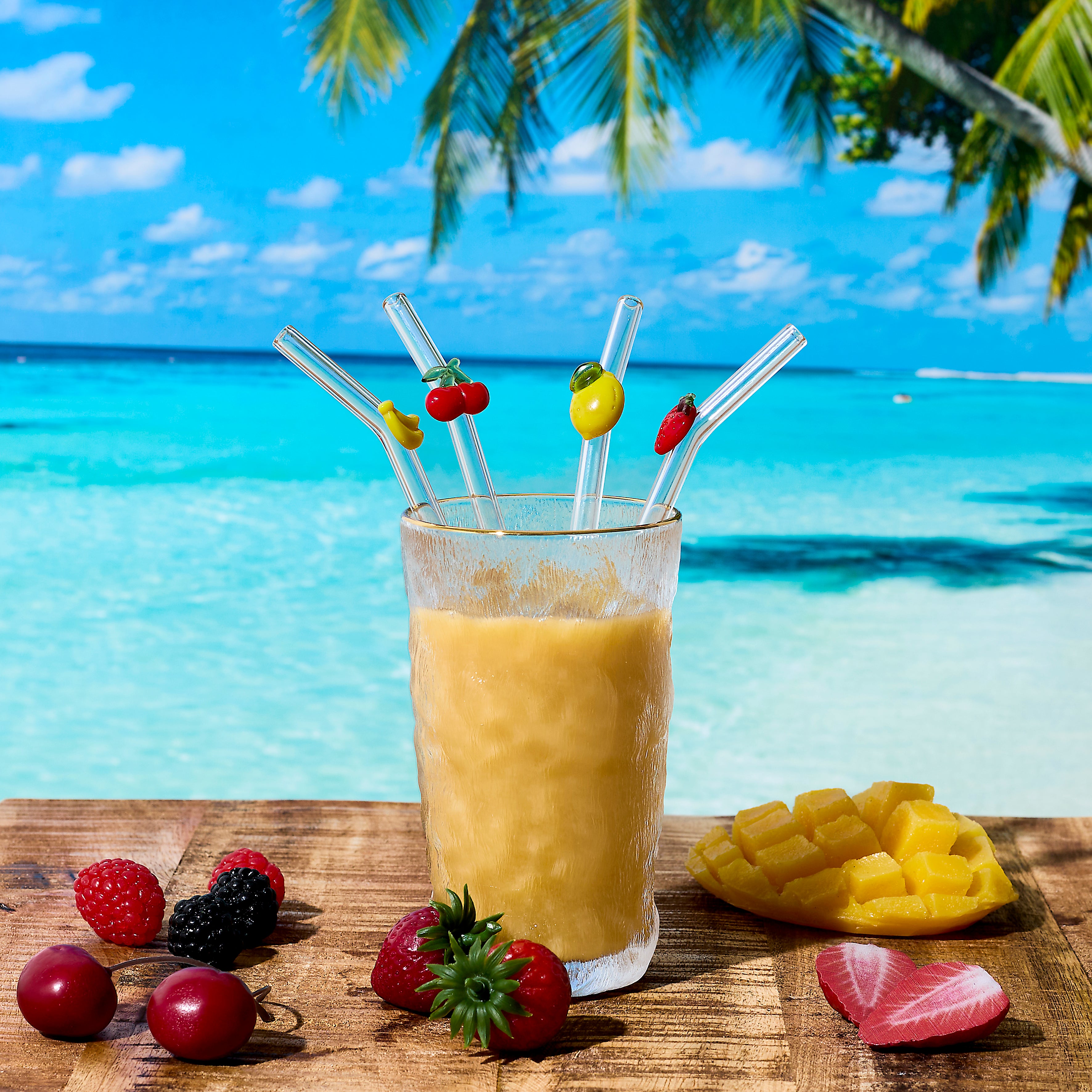 PAILLE EN VERRE FORME FRUIT X4 AVEC GOUPILLON