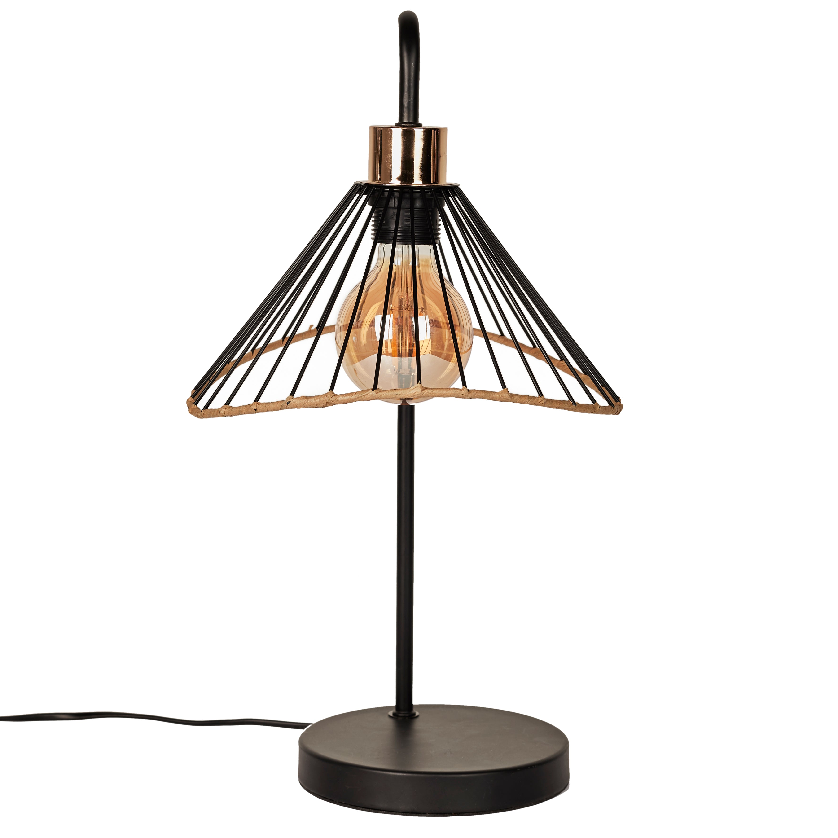 LAMPE A POSER ABAT JOUR NOIR ET ROTIN