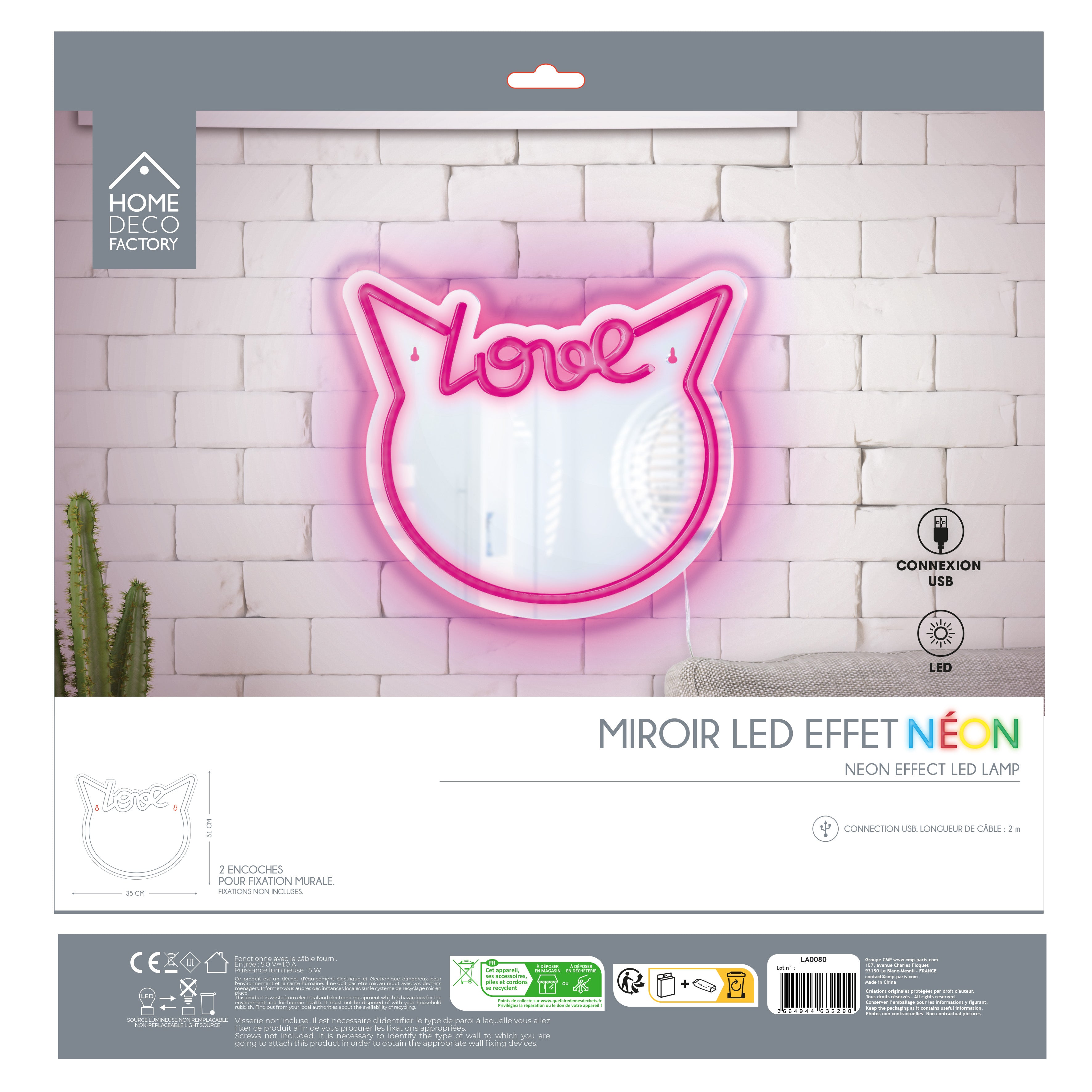 MIROIR LED EFFET NEON CHAT KAWAII