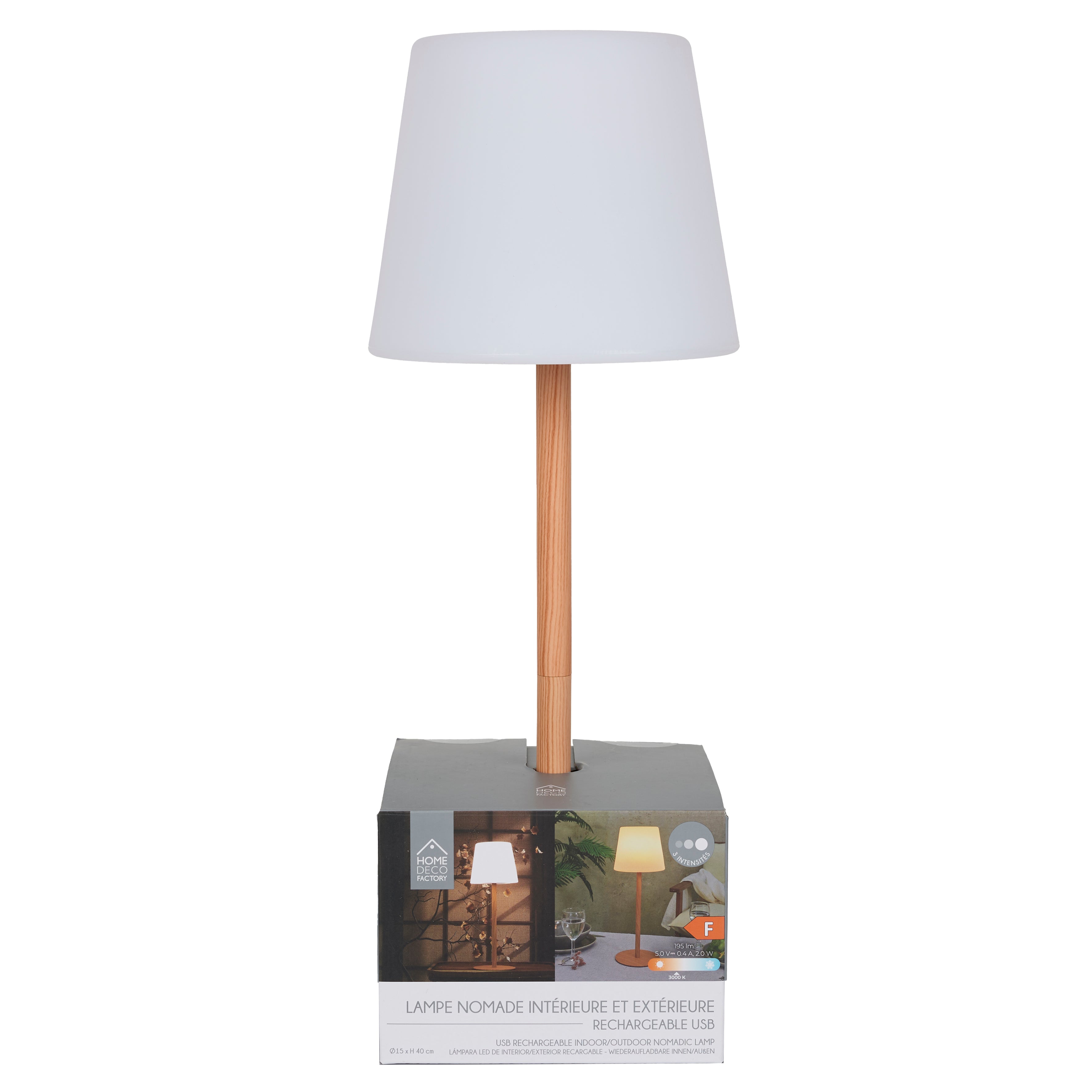 LAMPE EFFET BOIS RECHARGEABLE IP44 H40CM