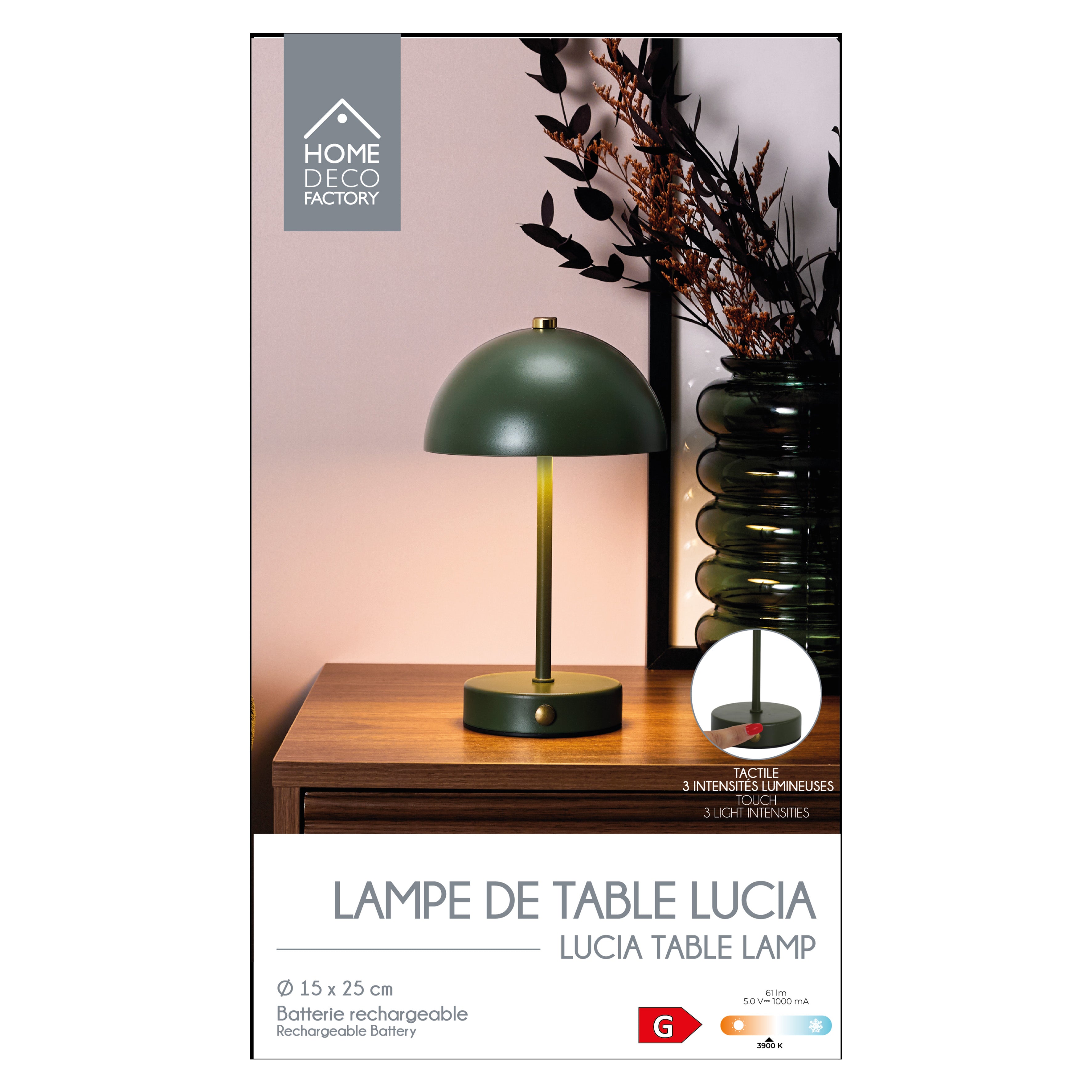 LAMPE DE TABLE LUCIA RECHARGEABLE VERT H26CM