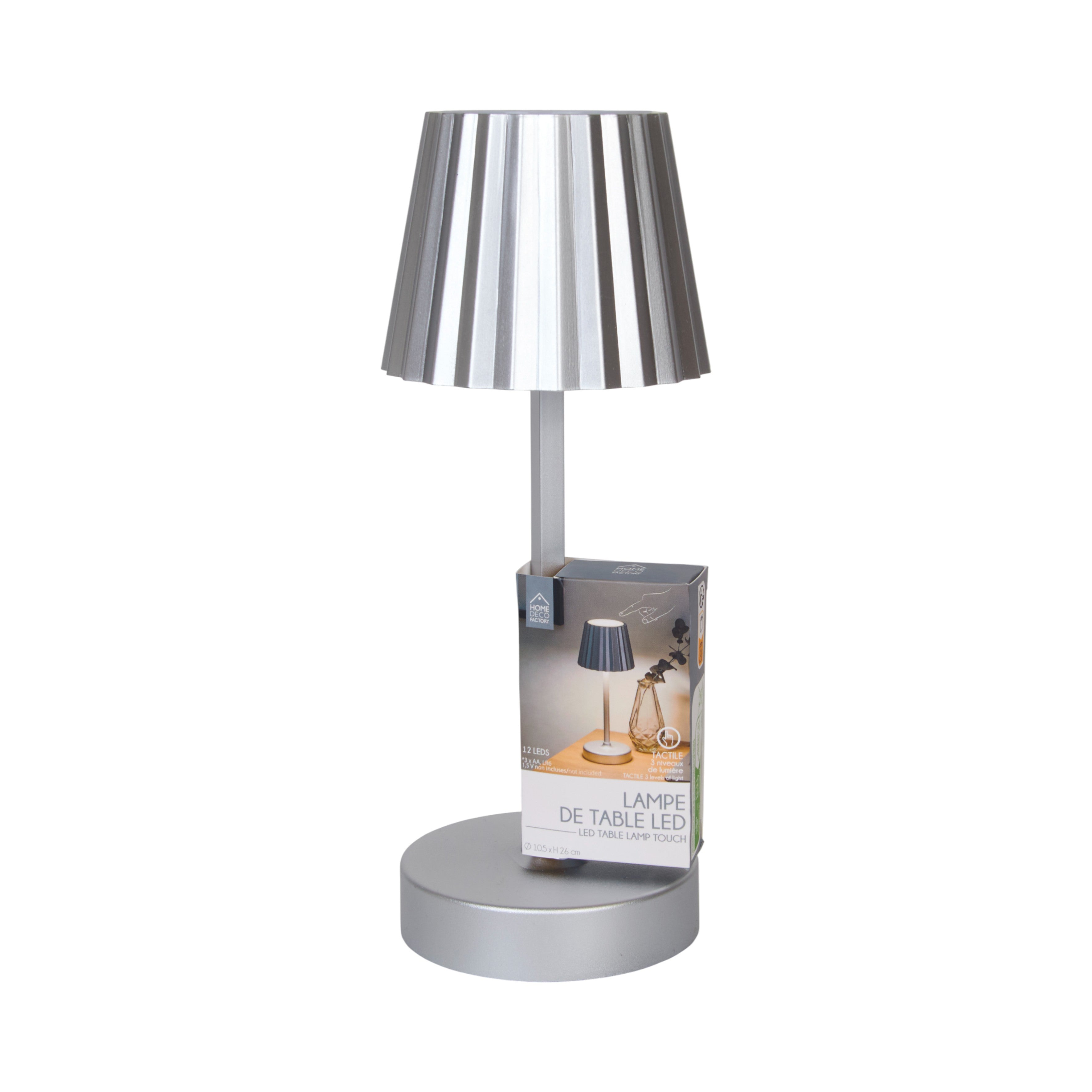 LAMPE DE TABLE TACTILE A PILES ARGENT H26CM