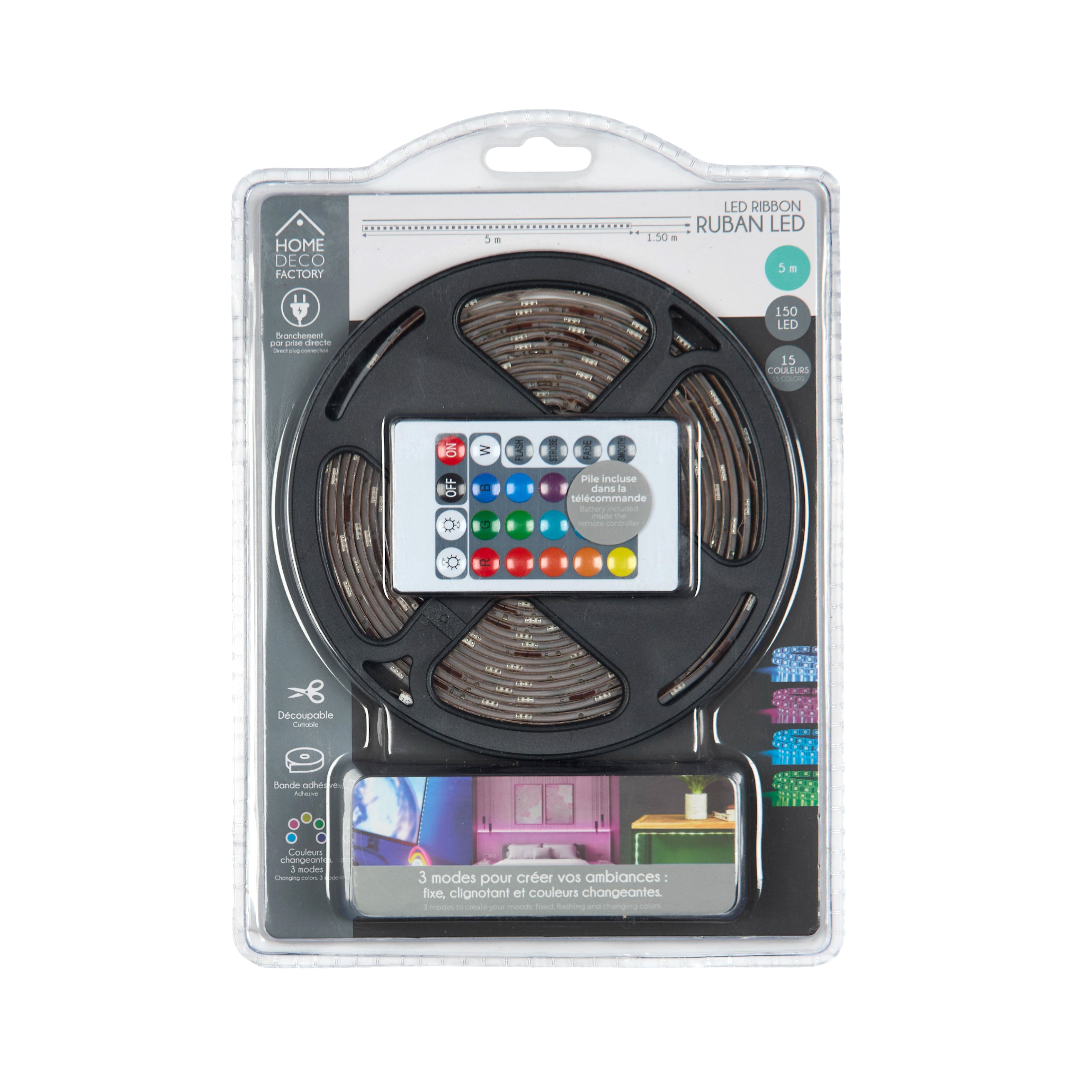 RUBAN LED SECTEUR RGB 5M BLANC ET MULTICOLORE