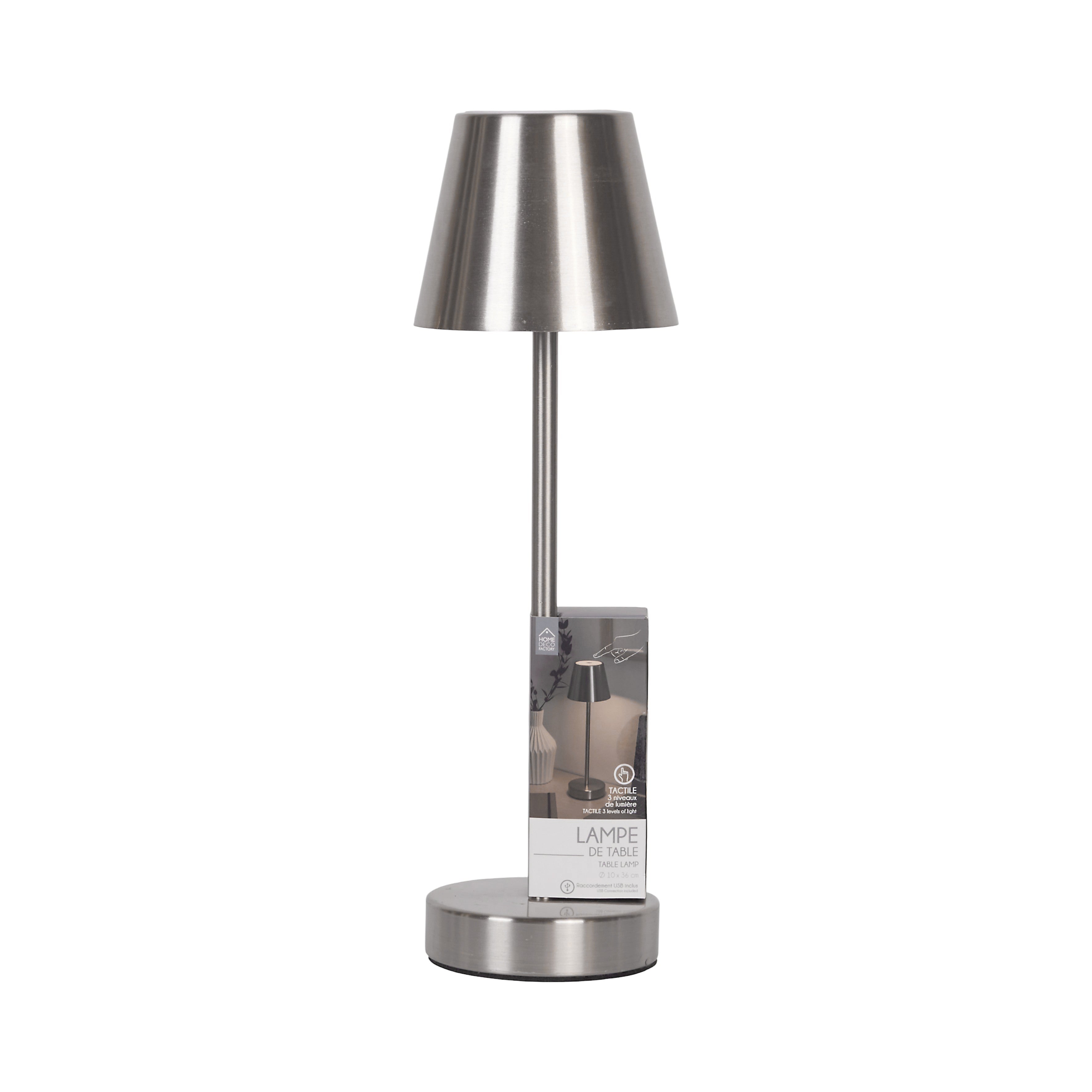 LAMPE DE TABLE RECHARGEABLE USB ARGENT H36CM