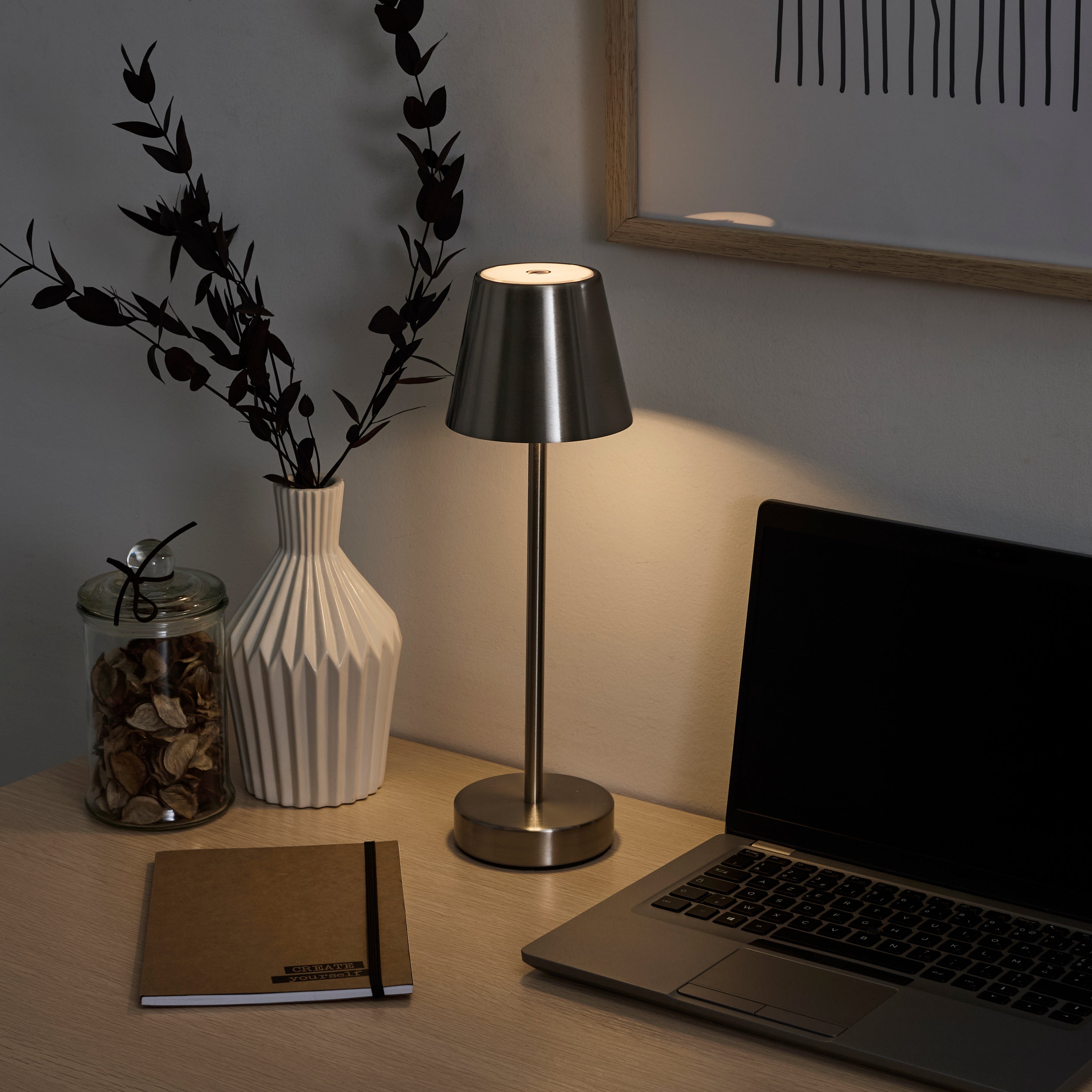 LAMPE DE TABLE RECHARGEABLE USB ARGENT H36CM