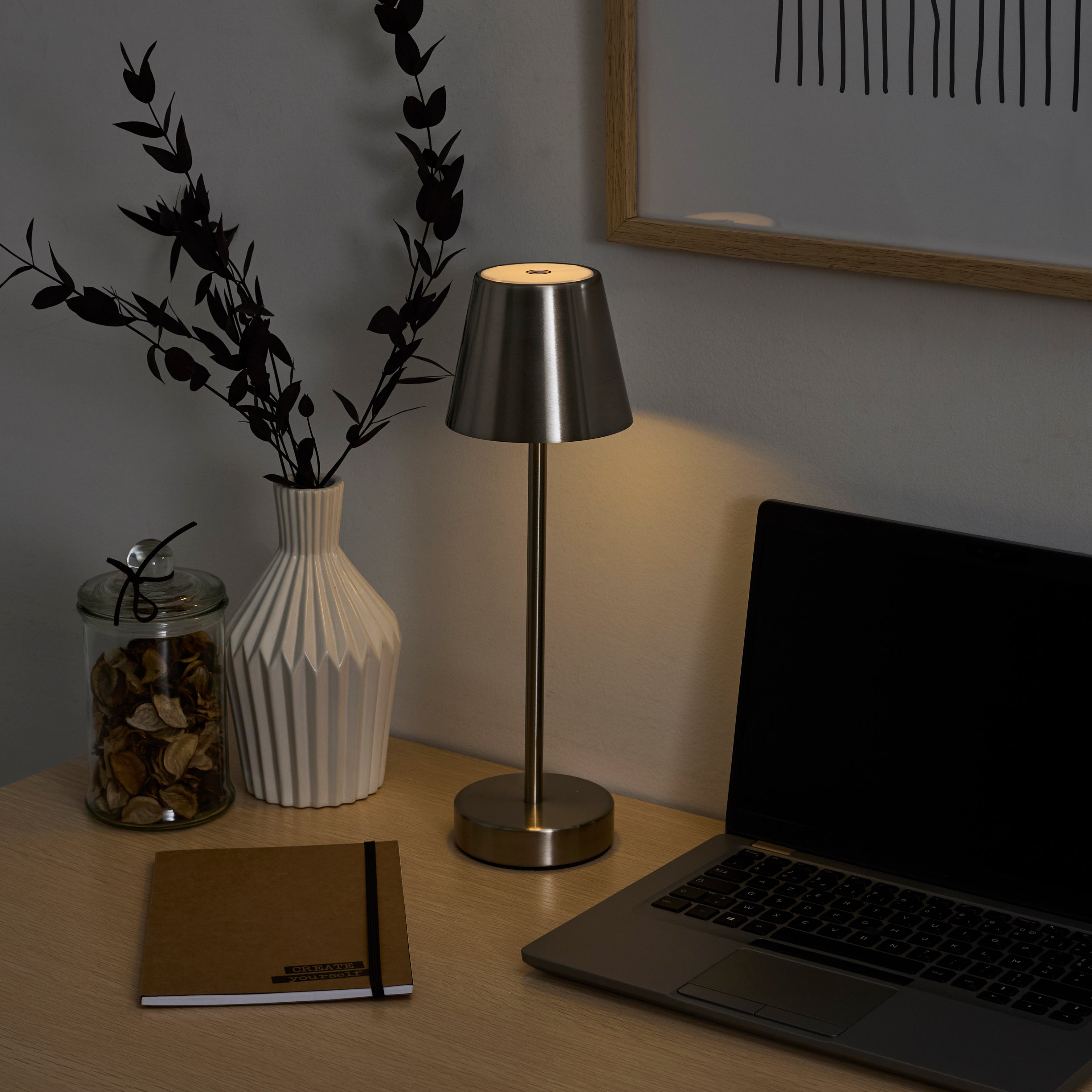 LAMPE DE TABLE RECHARGEABLE USB ARGENT H36CM