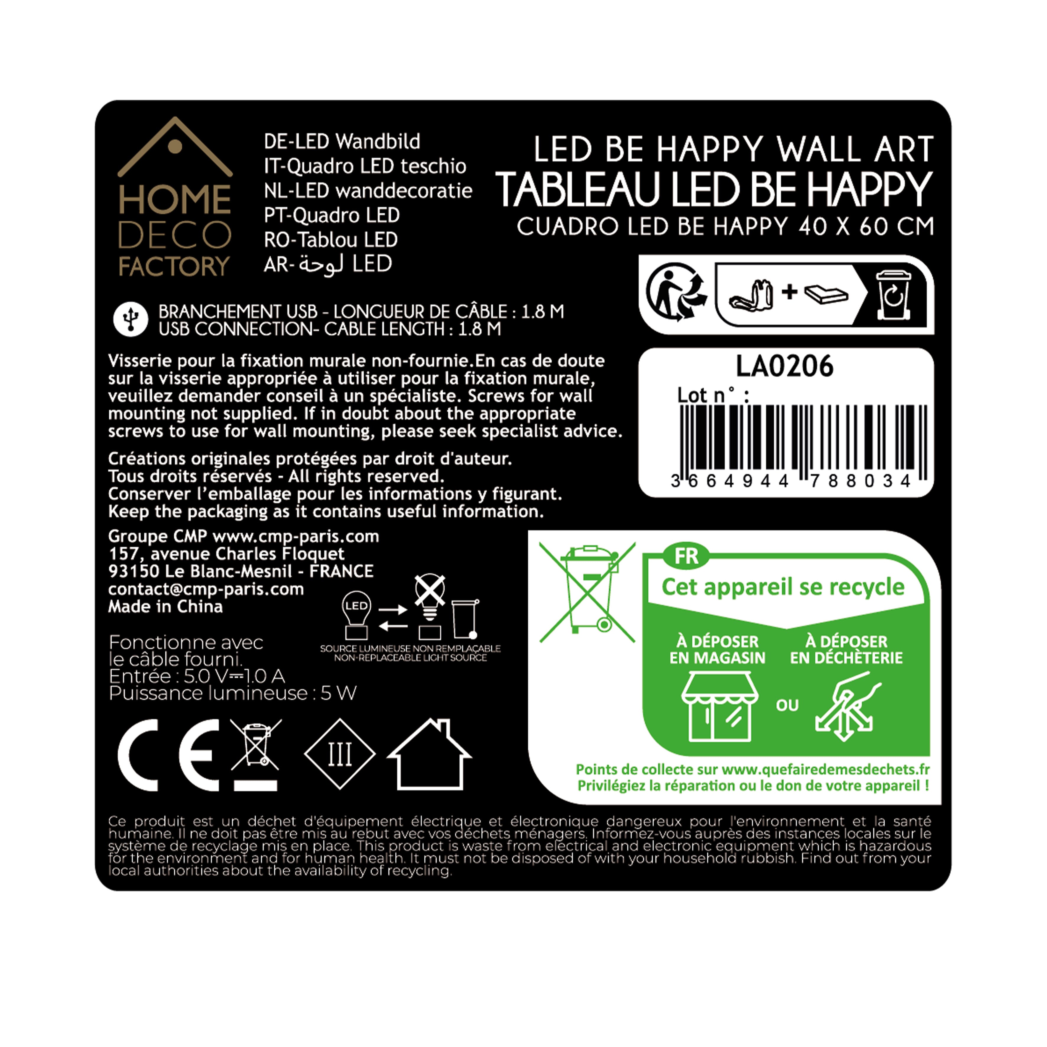 TABLEAU LED BE HAPPY 60X40CM