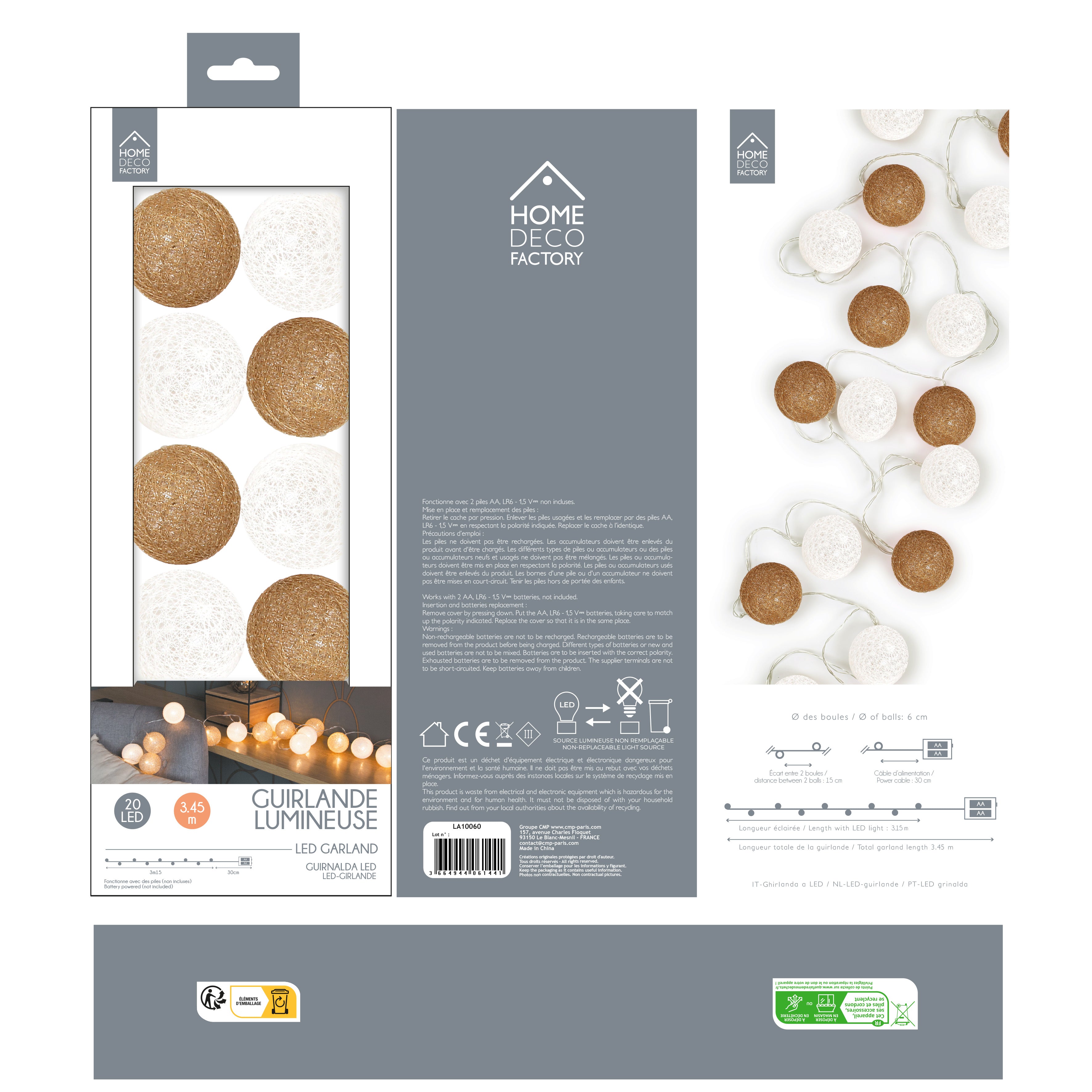 GUIRLANDE BOULE BLANC DORE 20 LED D6CM 3M72