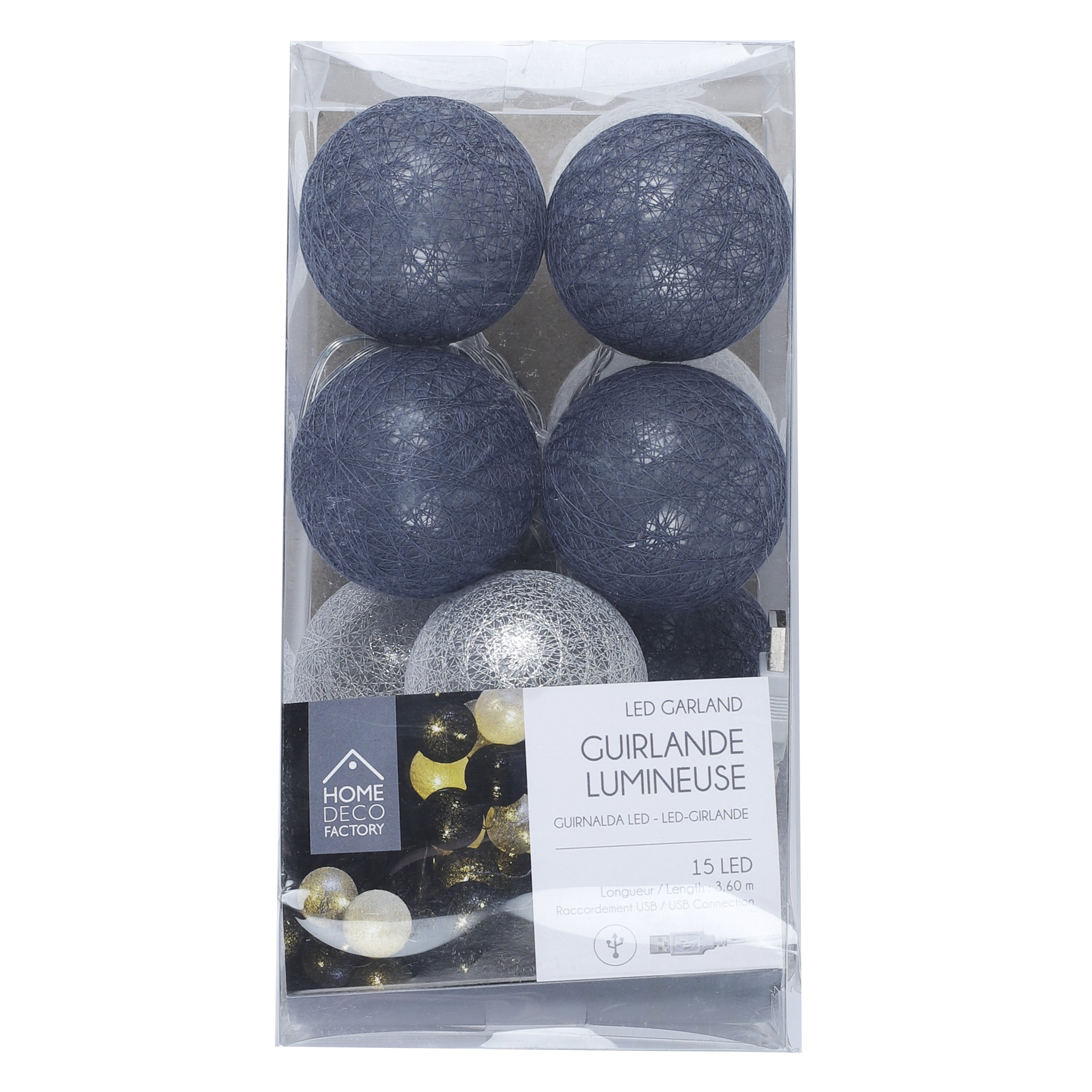 GUIRLANDE BOULE USB 15 LED GRIS BLANC BLEU
