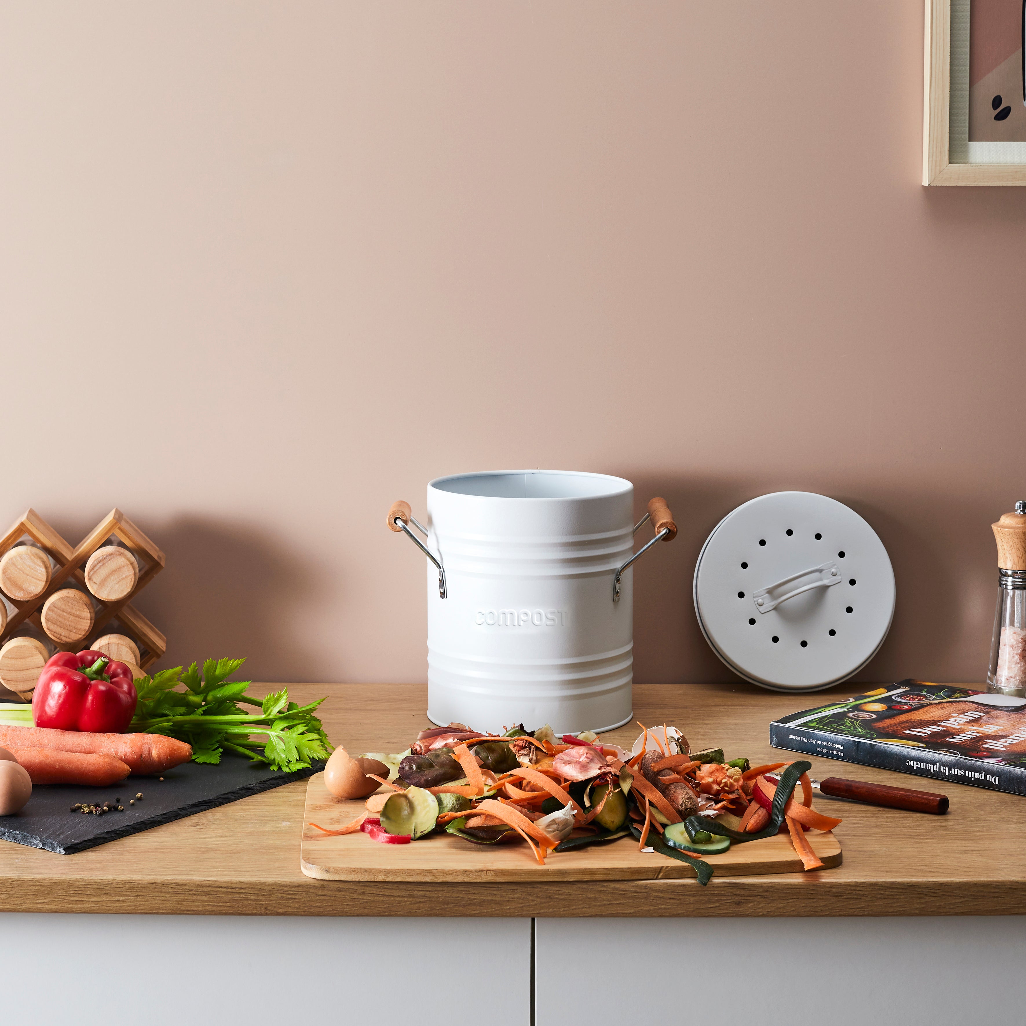 POUBELLE A COMPOST METAL COUVERCLE ET POIGNEES