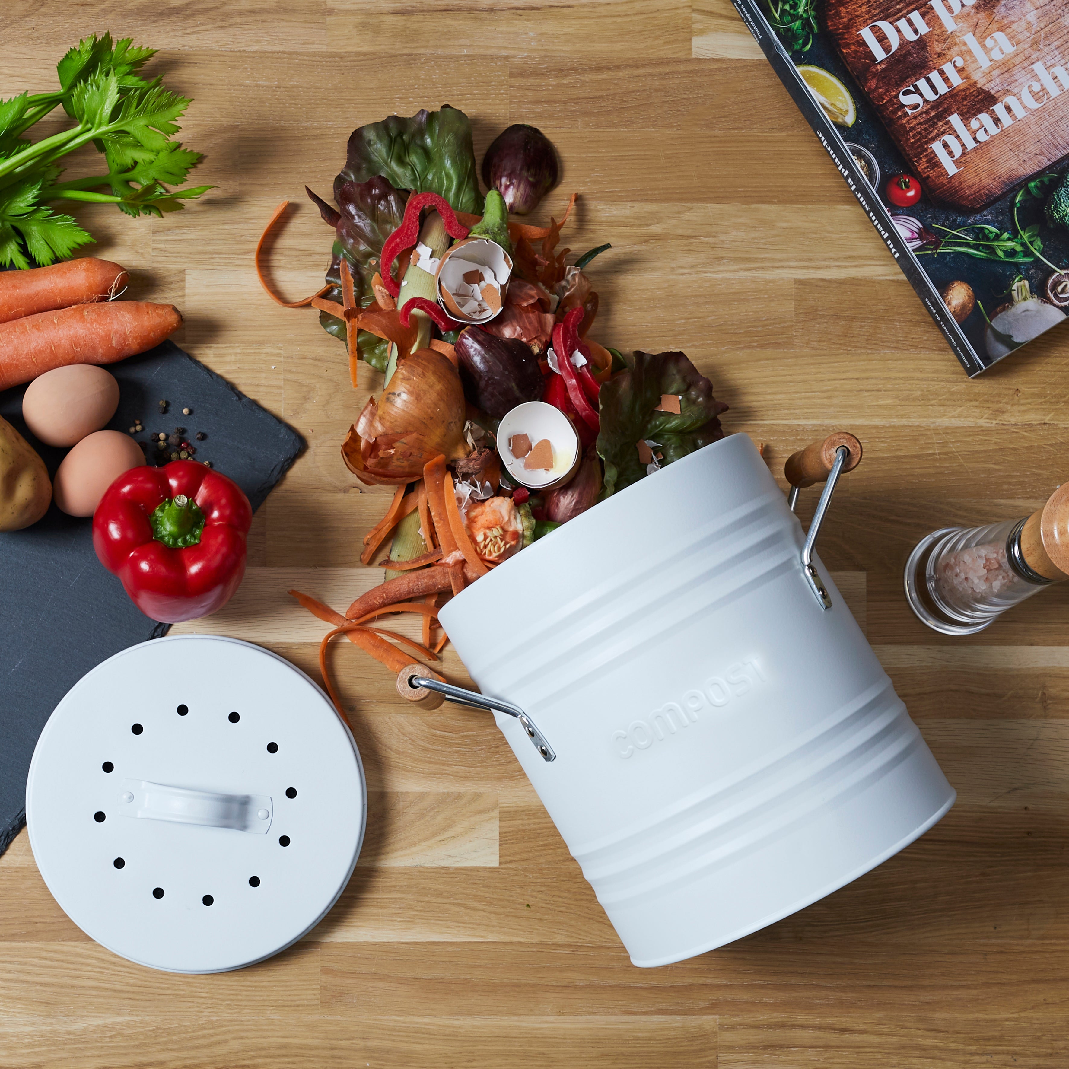 POUBELLE A COMPOST METAL COUVERCLE ET POIGNEES
