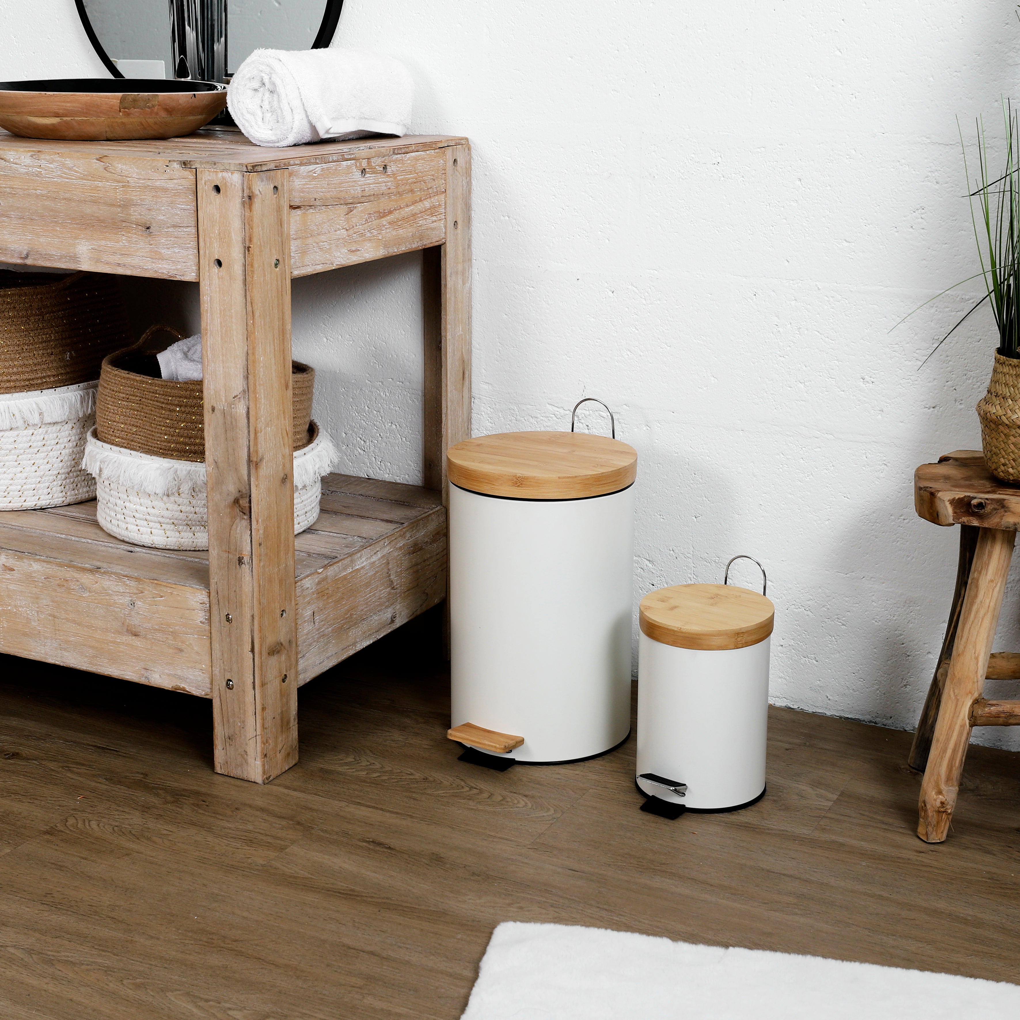 POUBELLE A PEDALE METAL ET BAMBOU BLANC X2