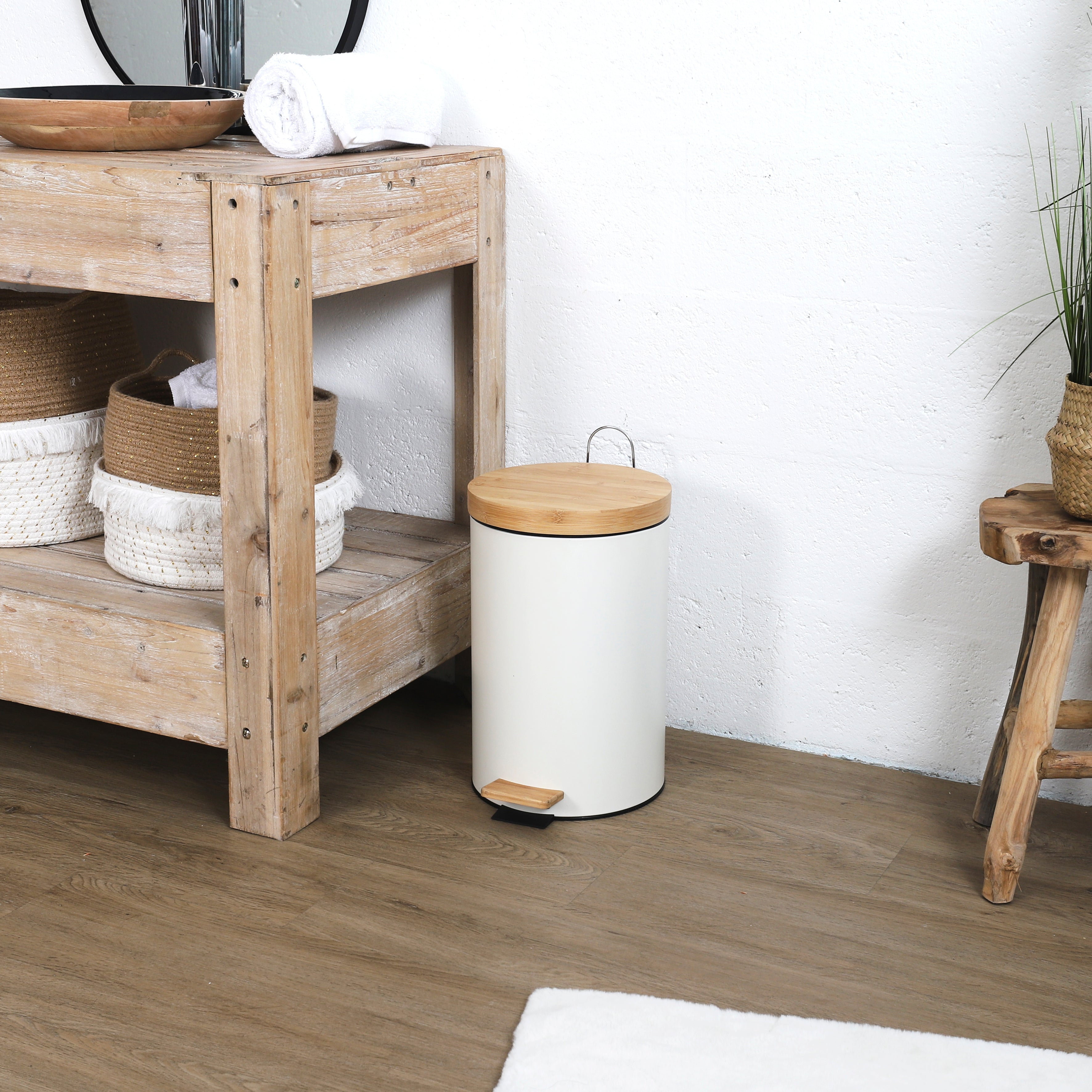 POUBELLE A PEDALE METAL ET BAMBOU BLANC X2