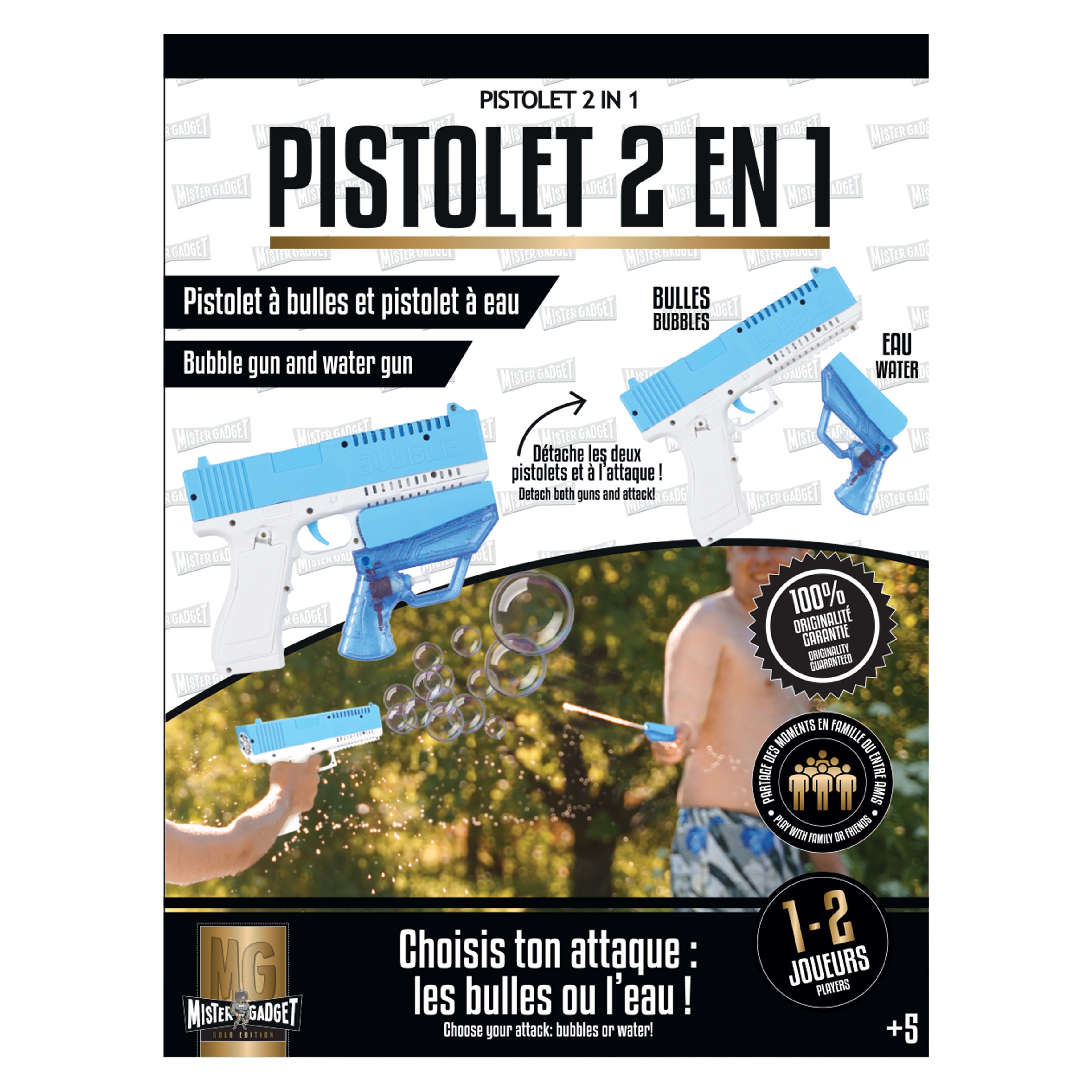 PISTOLET X2 A BULLES ET A EAU 2 EN 1
